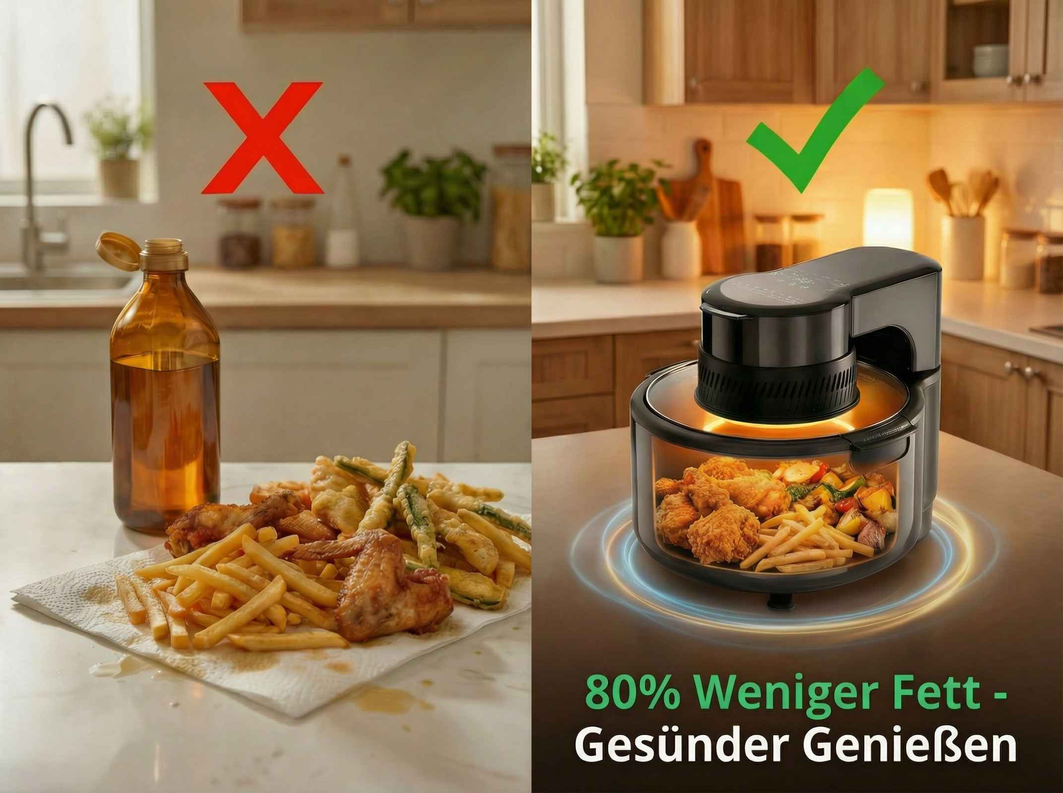 Vergleich: Frittiertes Essen mit Fett vs. fettarmes Essen im Airfryer.