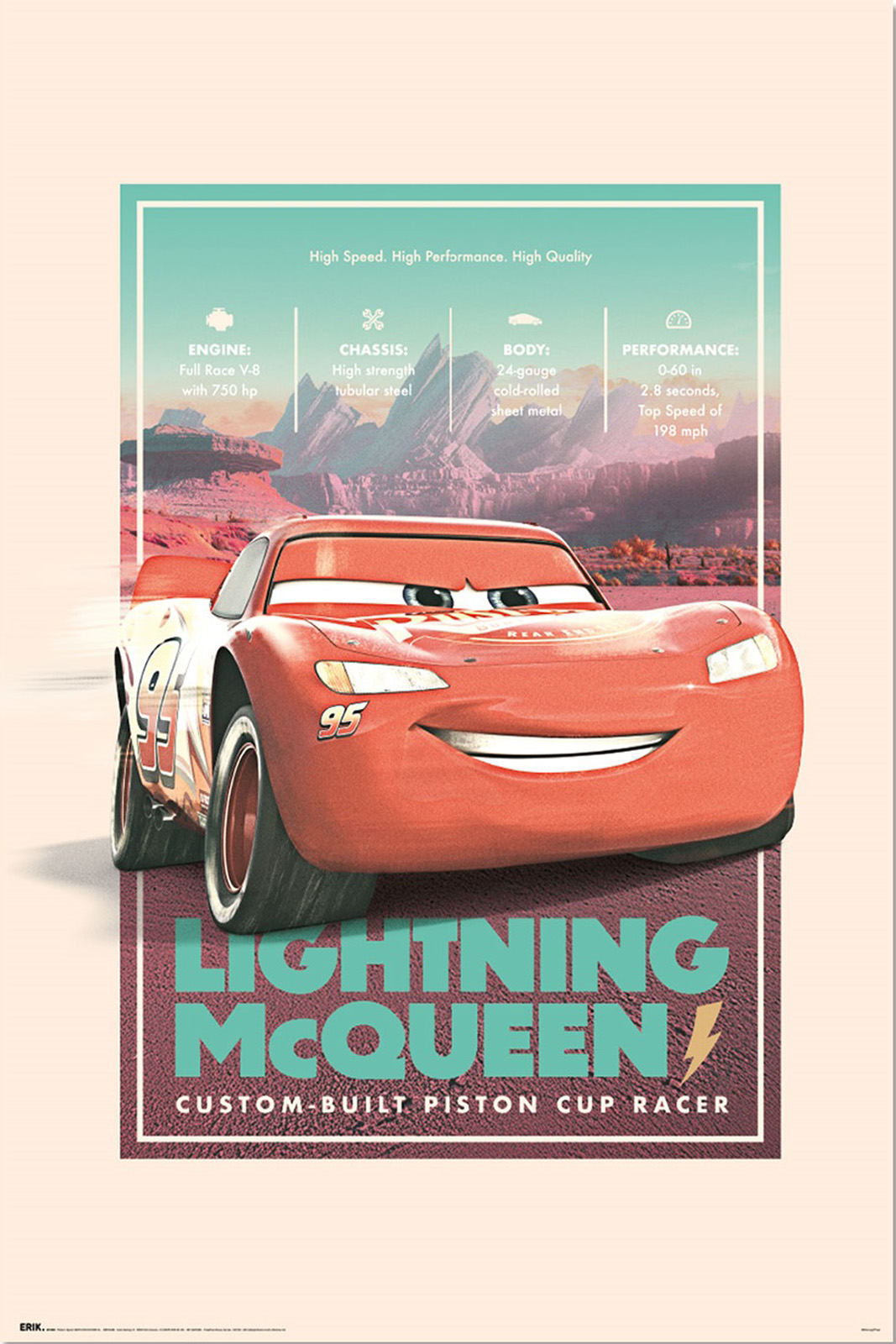 Lightning McQueen, rotes Rennauto, mit technischen Daten: 750 PS V8-Motor, Stahlrohrrahmen.