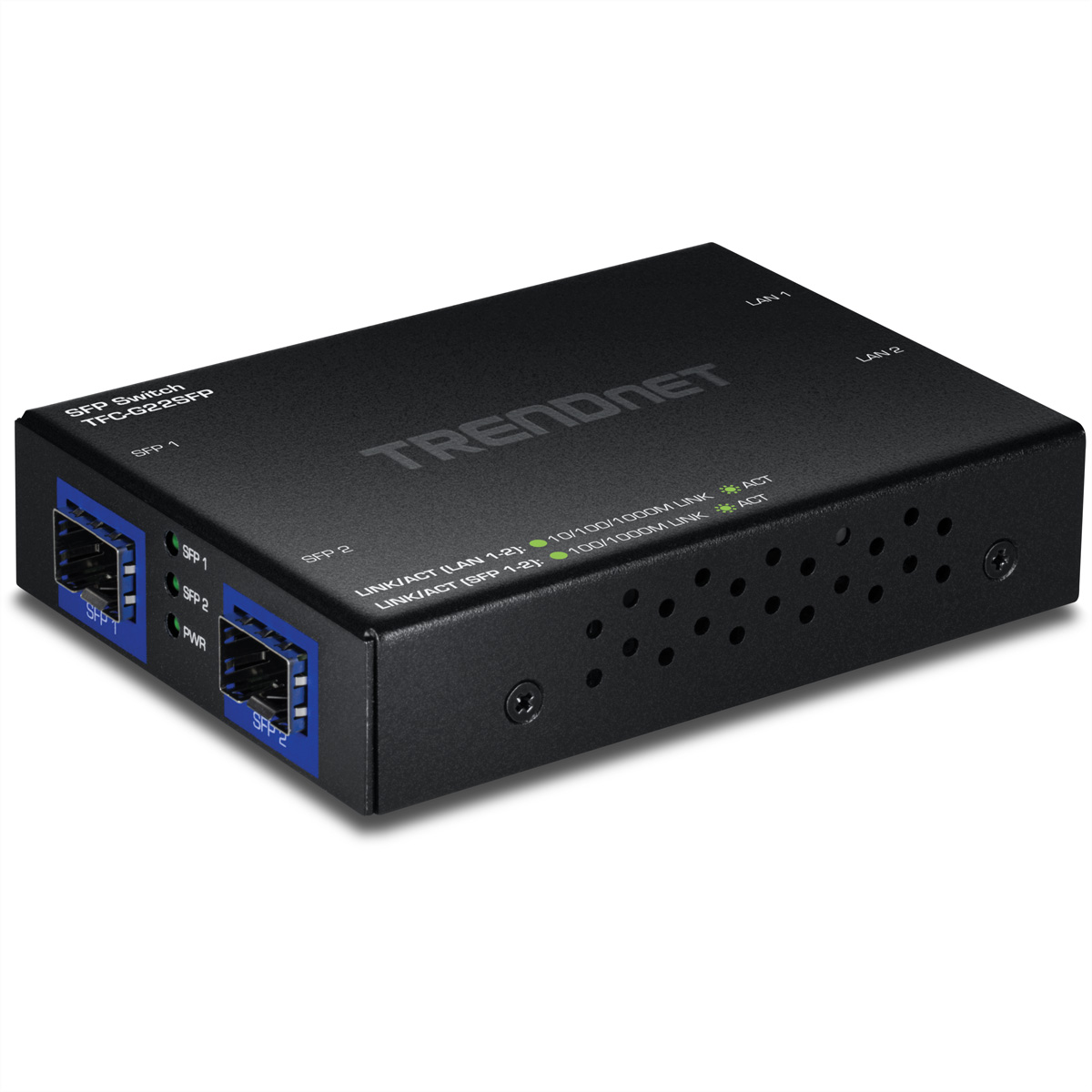 Schwarzer TRENDNET SFP-Switch mit SFP 1, SFP 2 und PWR-Anschlüssen vorne.