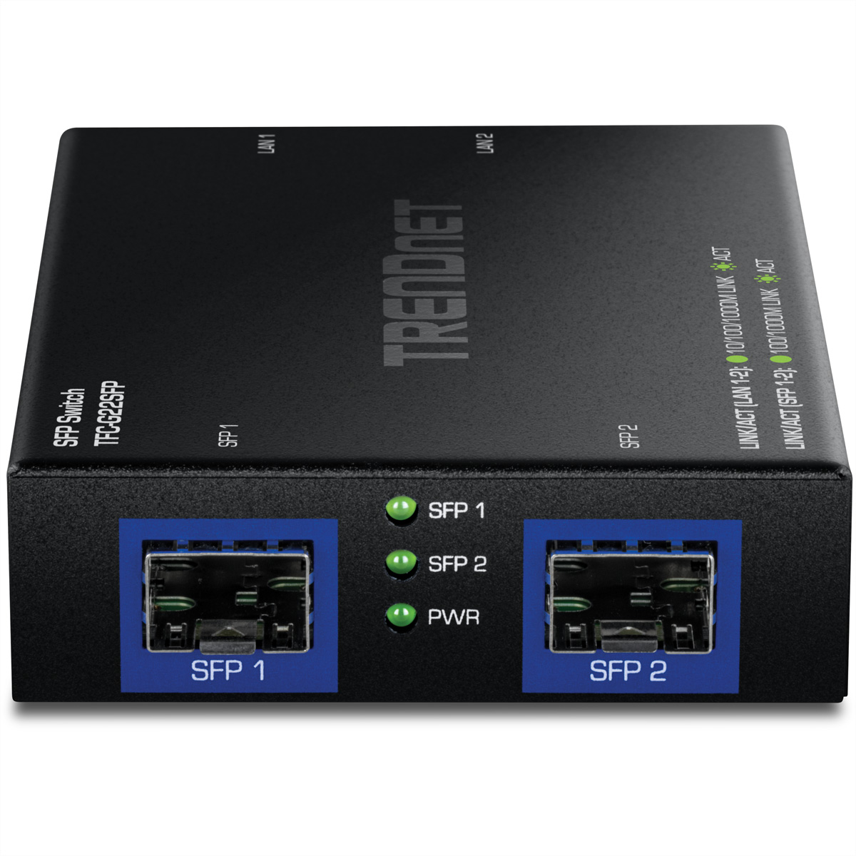 Ein schwarzer SFP-Switch mit zwei SFP-Ports und Status-LEDs.