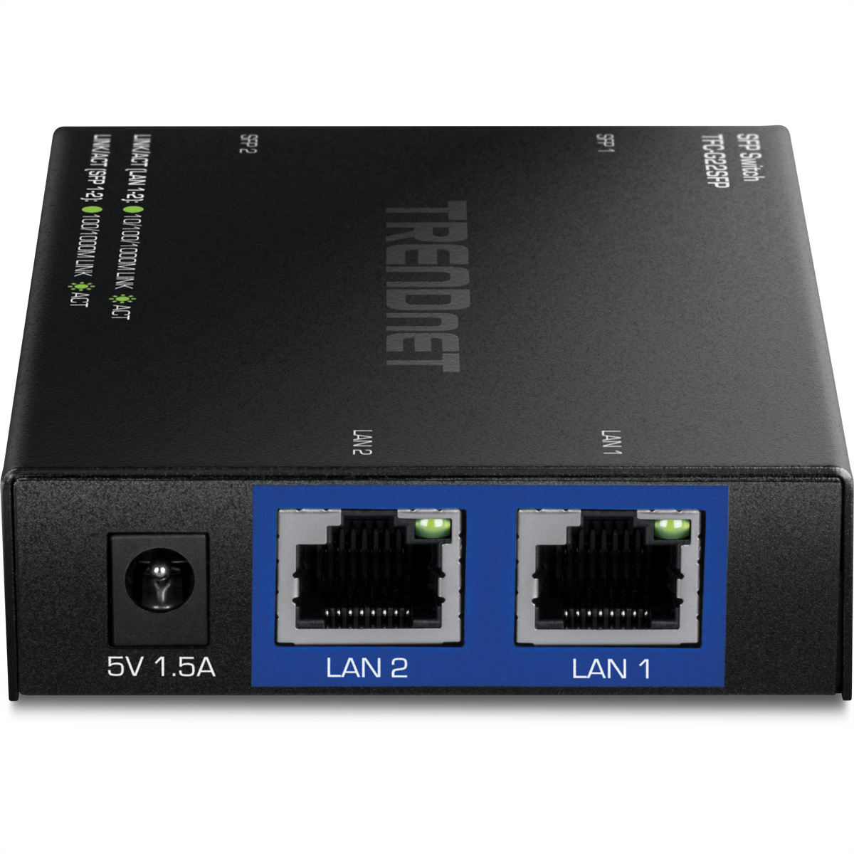 Schwarzer Trendnet Switch mit 2 LAN-Anschlüssen, 1 Stromanschluss. Beschriftungen: LAN 1, LAN 2, 5V 1.5A.