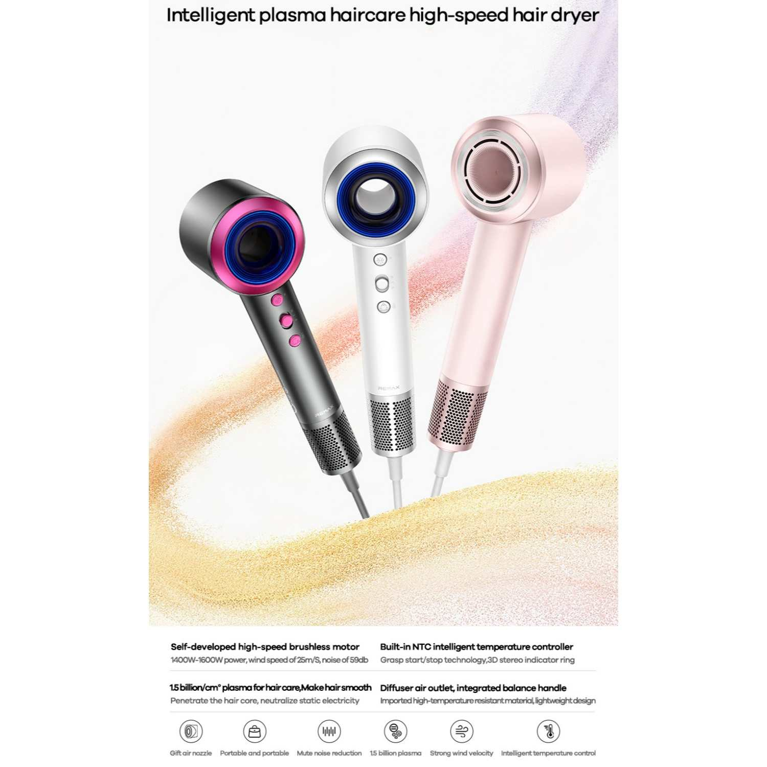 Drei Hightech-Haartrockner in Grau, Weiß und Rosa mit schlankem Design und farbigen Akzenten.