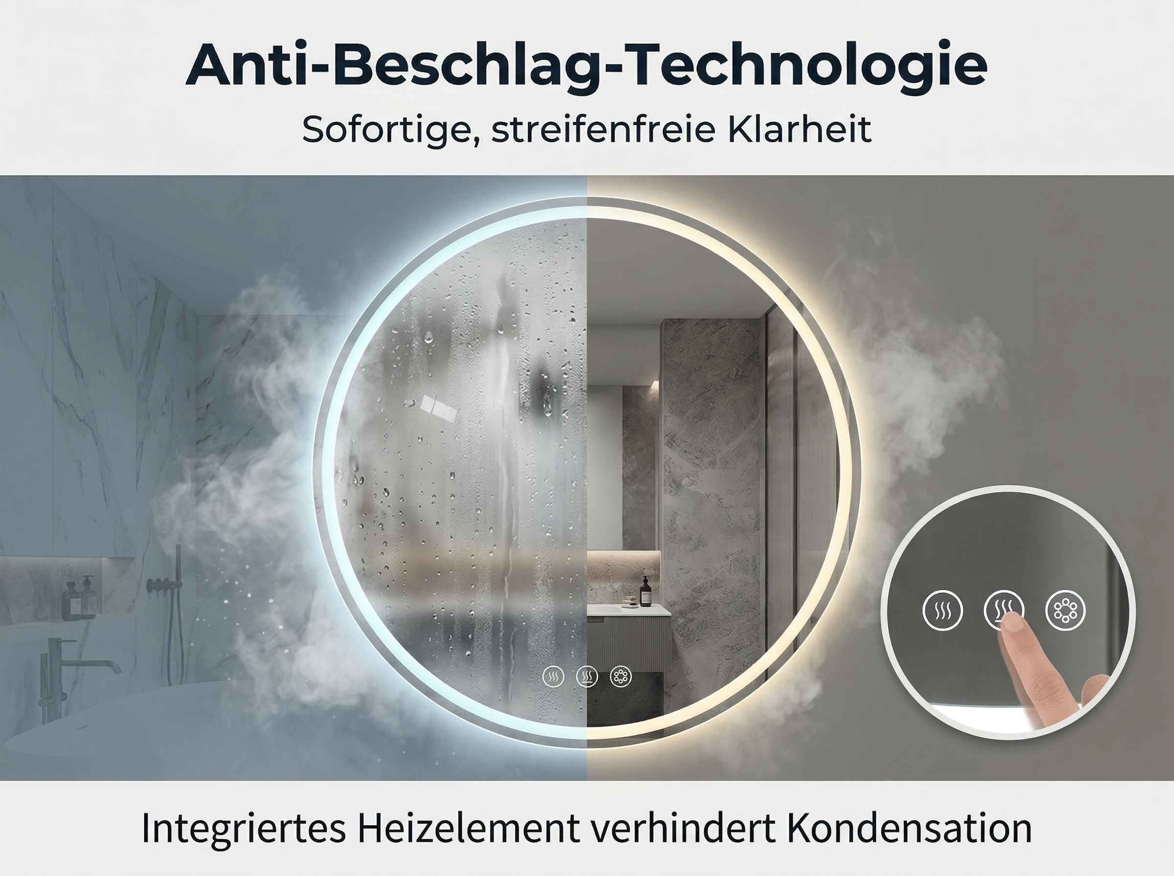 Ein runder Spiegel im Badezimmer mit integrierter LED-Beleuchtung und Anti-Beschlag-Technologie.