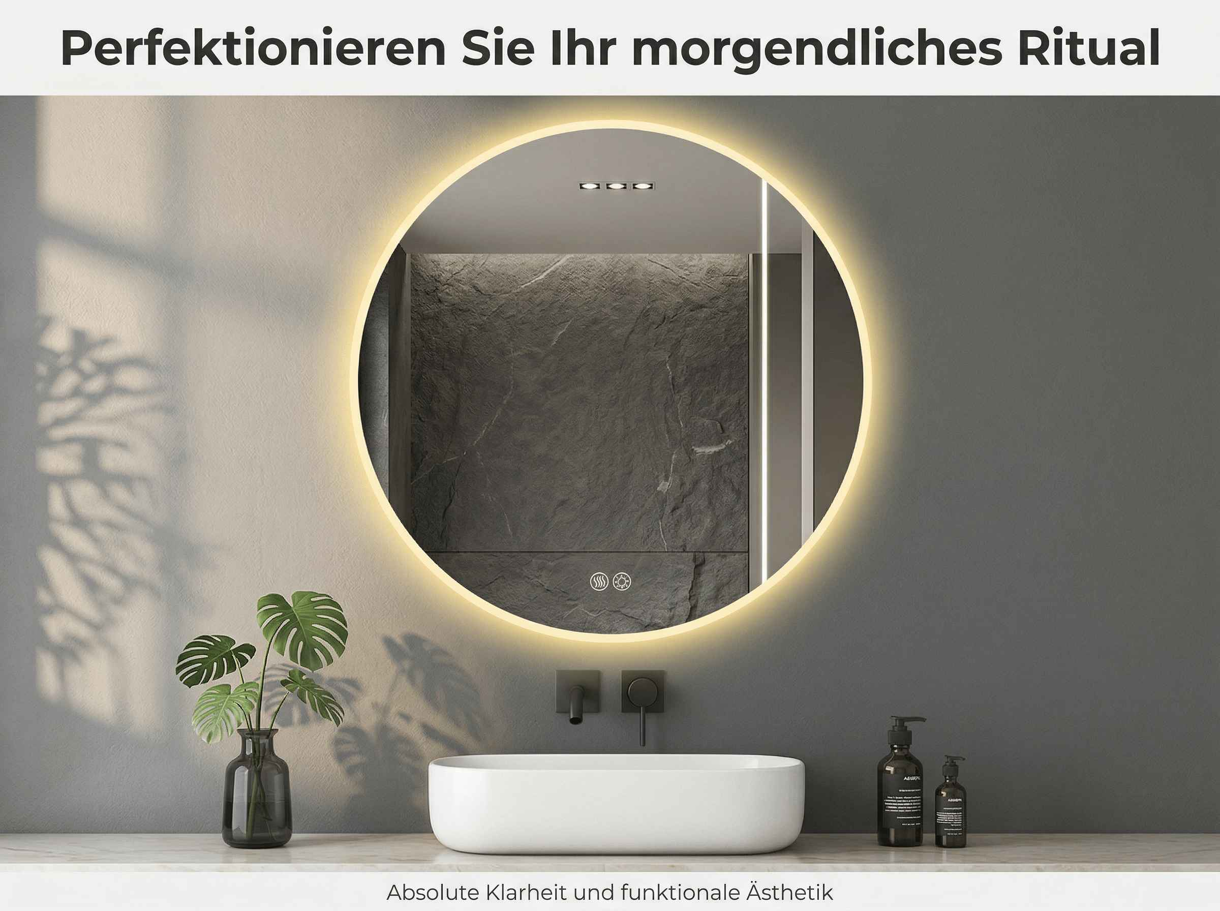 Ein beleuchteter runder Spiegel über einem weißen Waschbecken mit Armaturen.