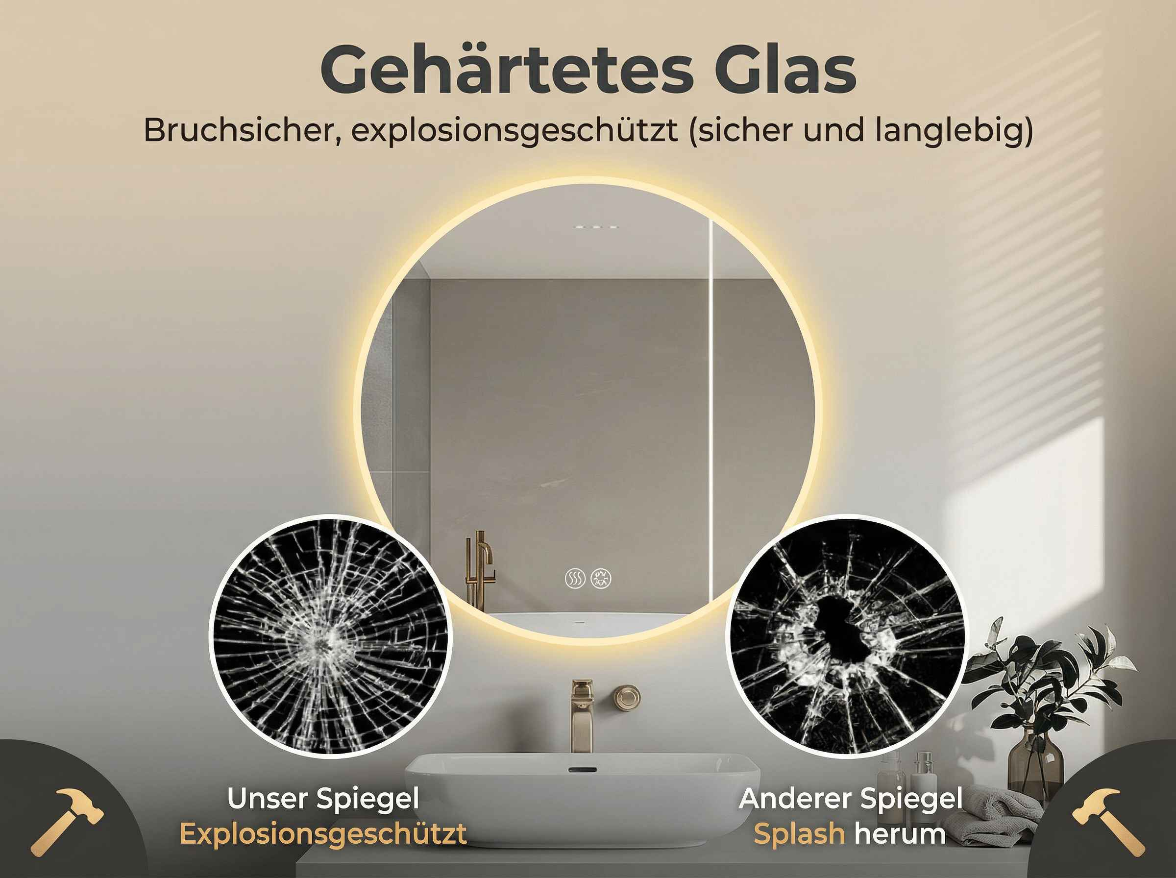 Ein Spiegel mit LED-Beleuchtung und zwei Darstellungen von zerbrochenem Glas.