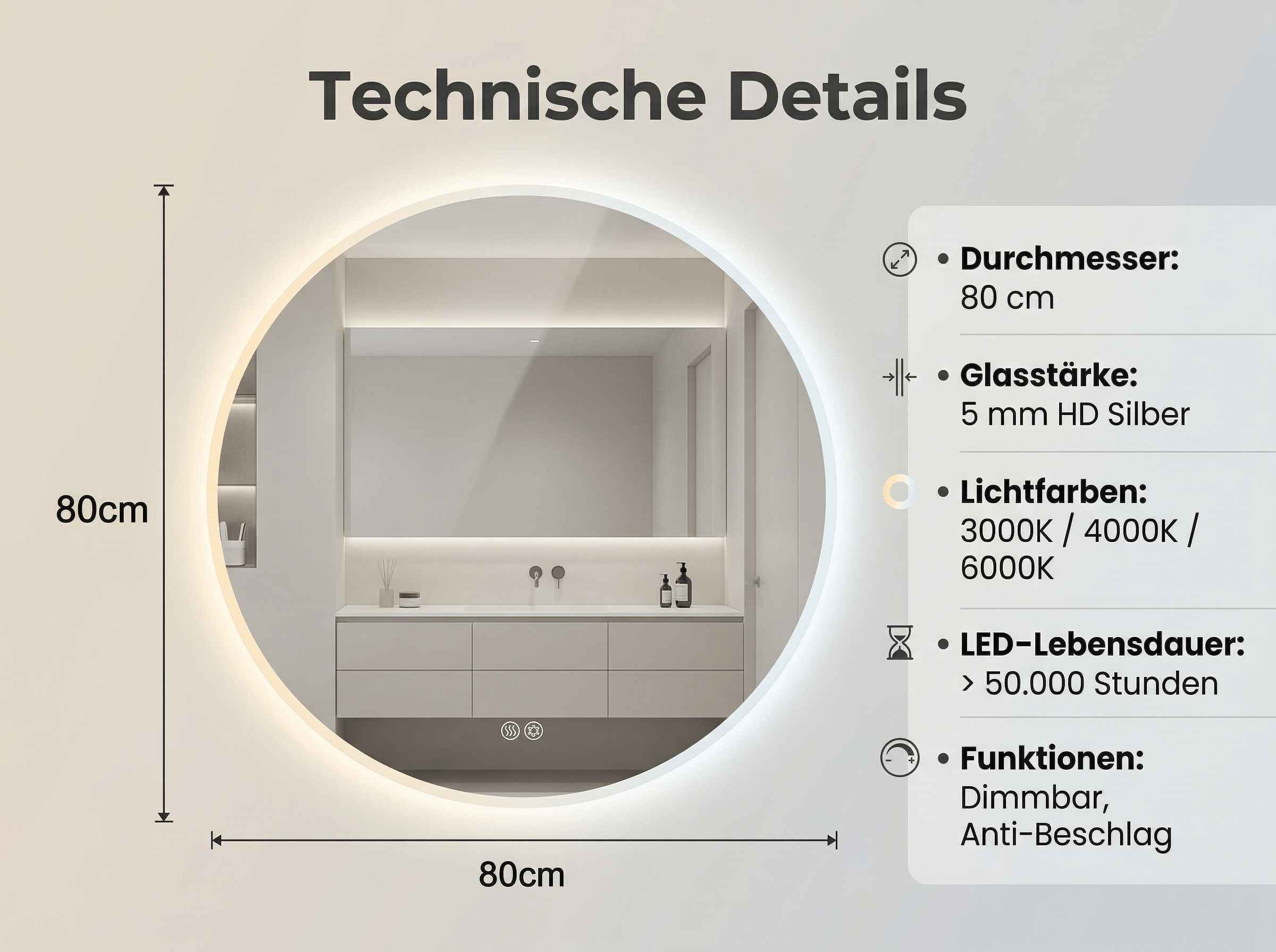 Runder Spiegel mit Beleuchtung, 80cm Durchmesser, technische Details.