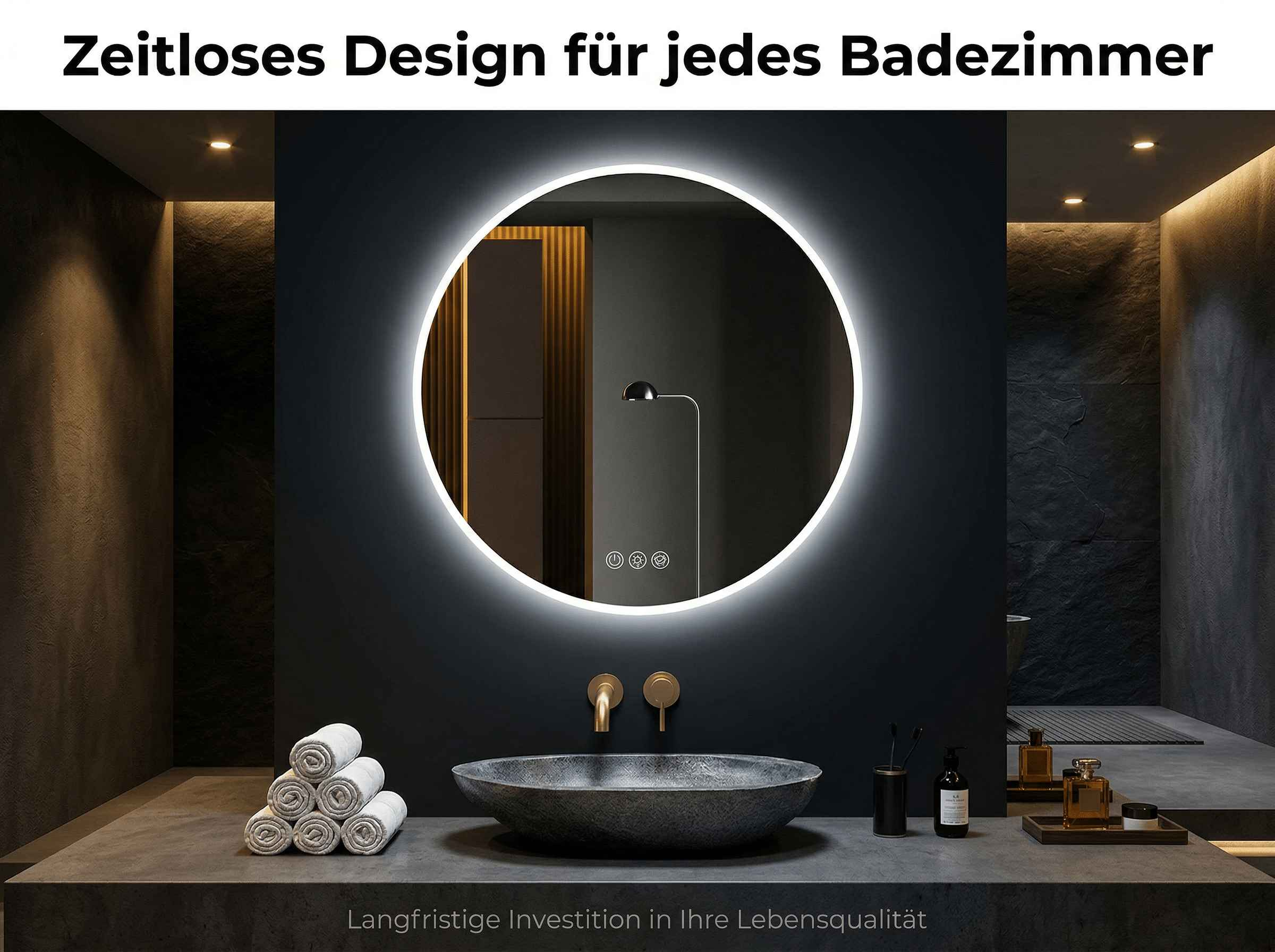 Ein modernes Badezimmer mit beleuchtetem Spiegel, Waschbecken und Handtüchern.