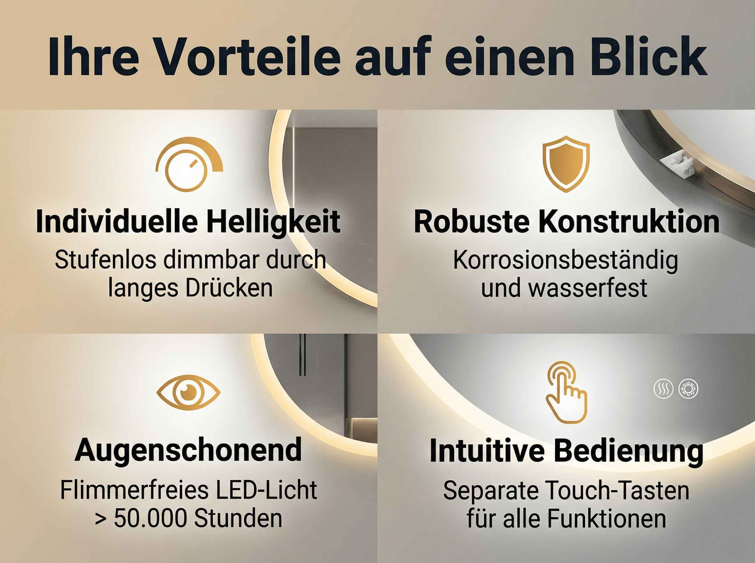 Vier Vorteile: Helligkeit, Robustheit, Augenschonung, Bedienung. Icons zeigen Funktionen.
