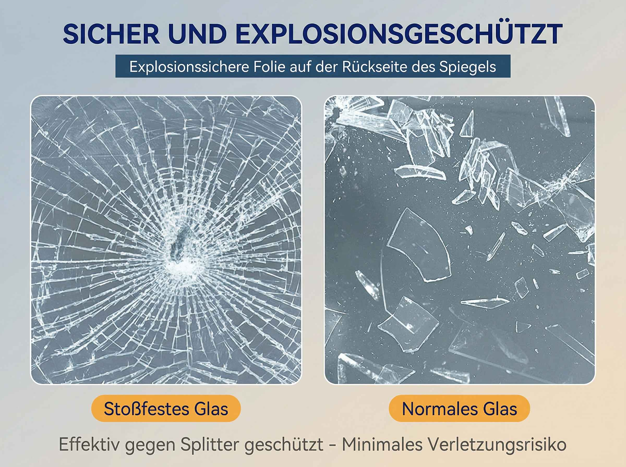 Vergleich von stoßfestem und normalem Glas nach Bruch. Das stoßfeste Glas hält Splitter zurück.