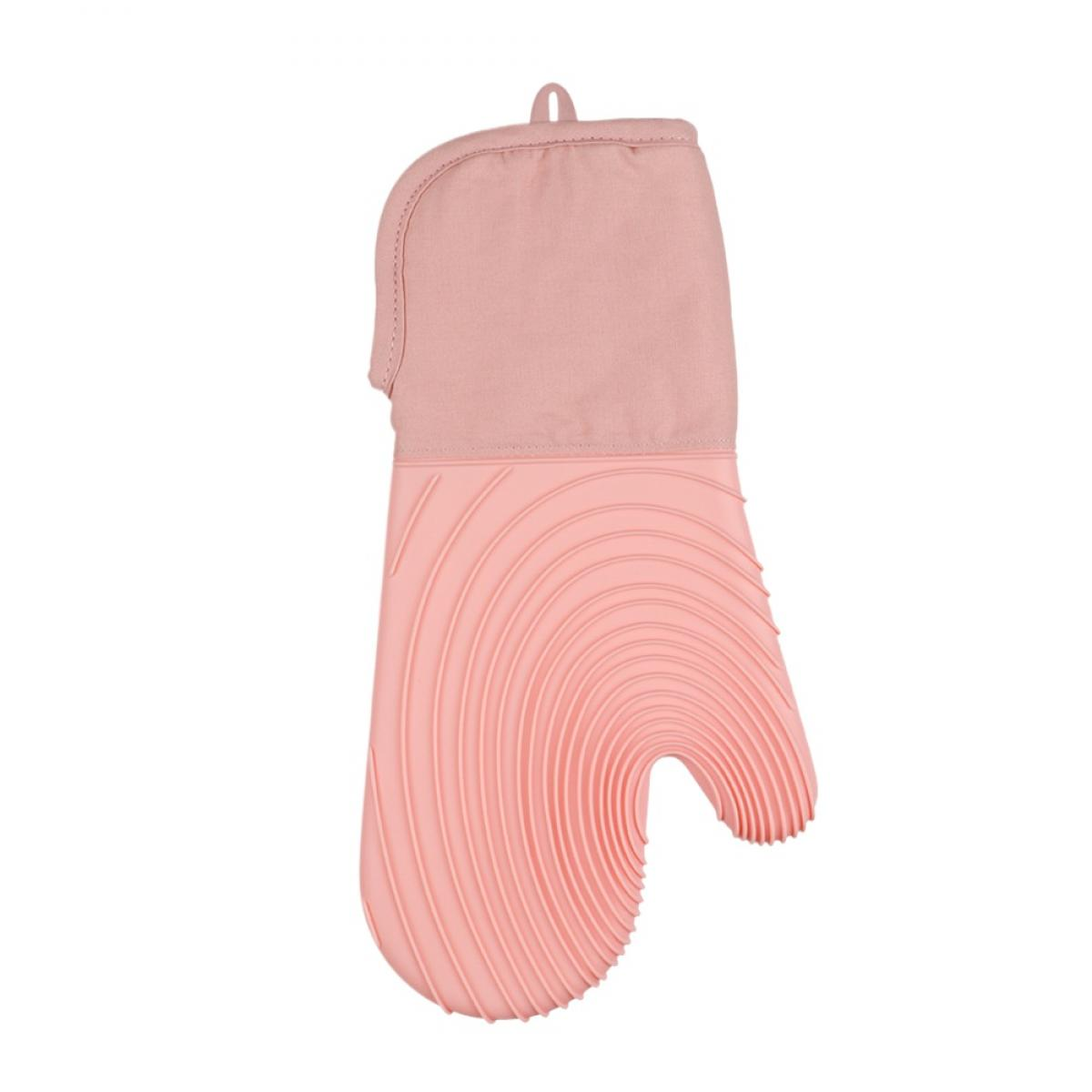 Ein staubrosa Ofenhandschuh aus Stoff und Silikon mit Rillenmuster.