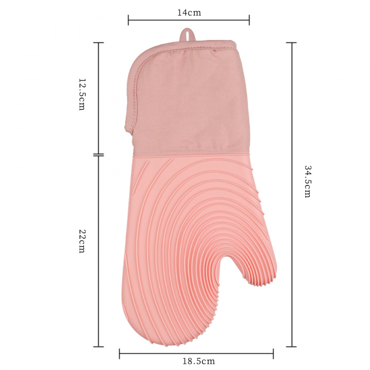 Ein rosa Ofenhandschuh mit Silikon-Außenmaterial und Stoffmanschette.