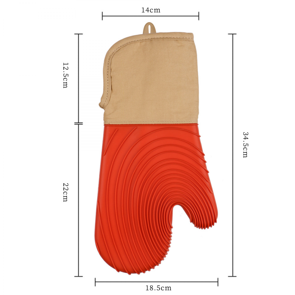 Roter und beige Ofenhandschuh mit Maßen. 34,5cm lang, 18,5cm breit.