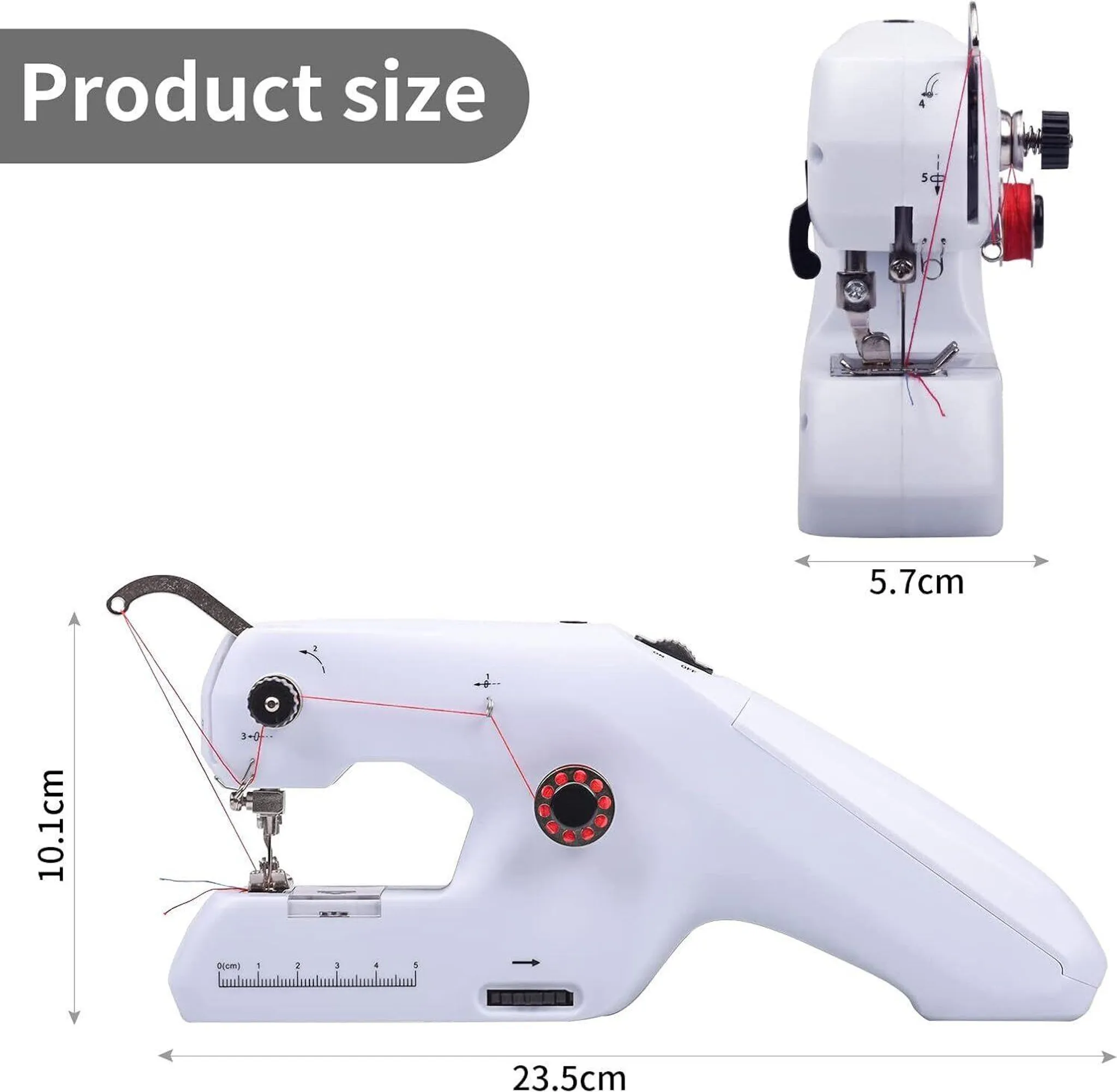 Kompakte weiße Nähmaschine mit roten Fadenmaßen: 23,5cm L, 10,1cm H, 5,7cm B.