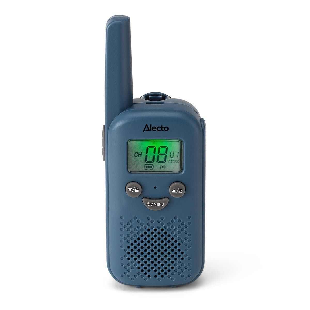 A blue Alecto walkie-talkie with a green LCD screen and silver buttons.