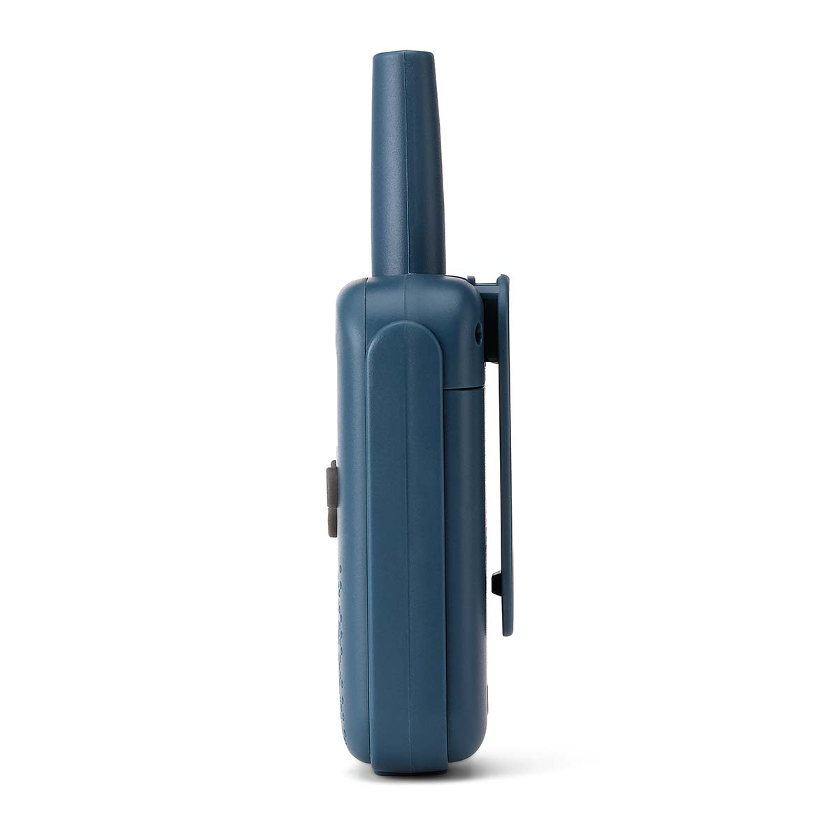 A blue walkie-talkie with a belt clip on a white background.