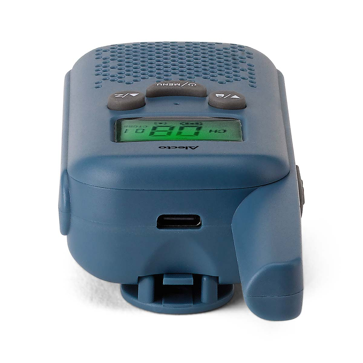 A blue Alecto two-way radio with a green display and buttons.