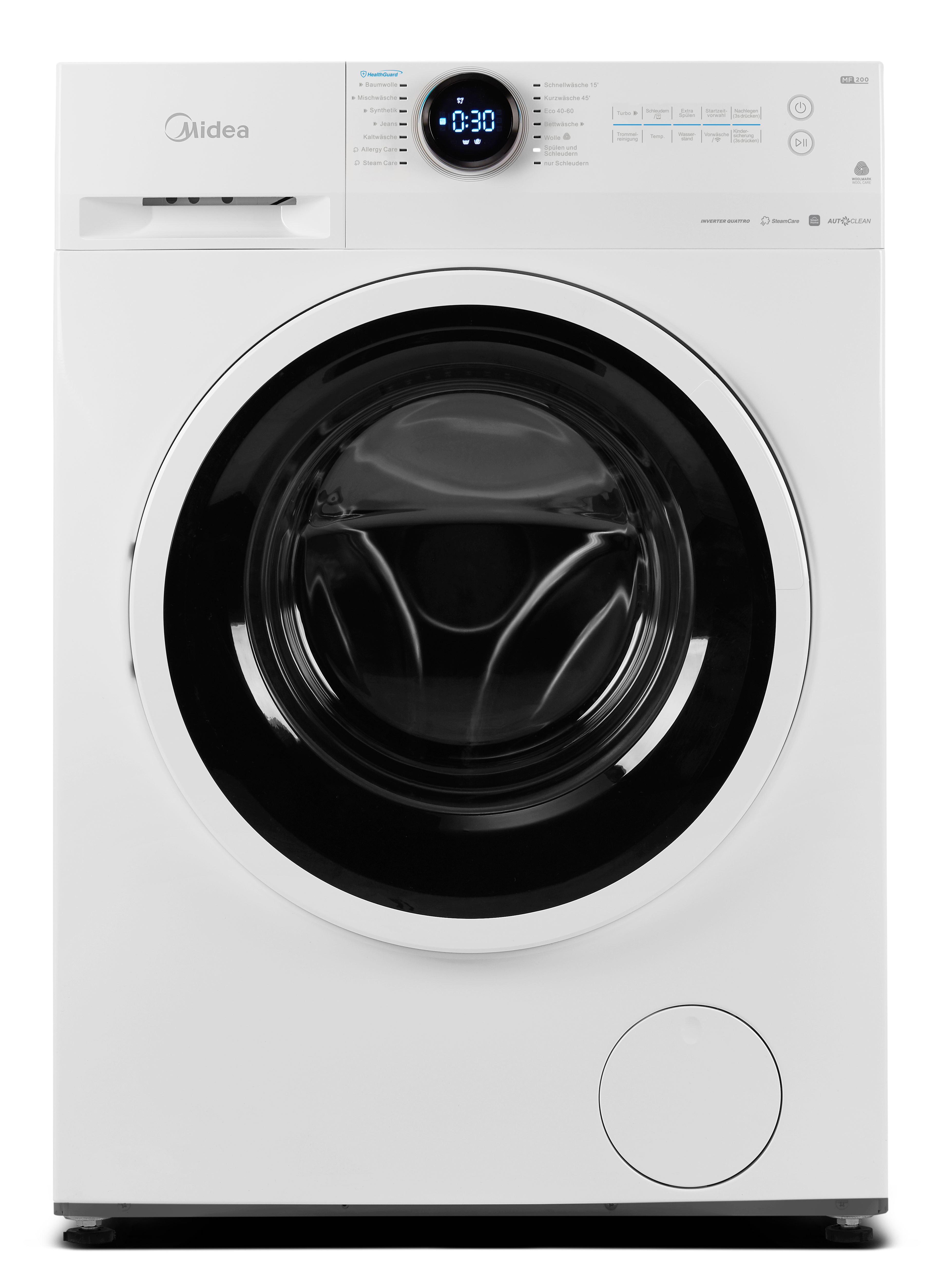Weiße Midea Waschmaschine mit schwarzer Tür und digitalem Display.