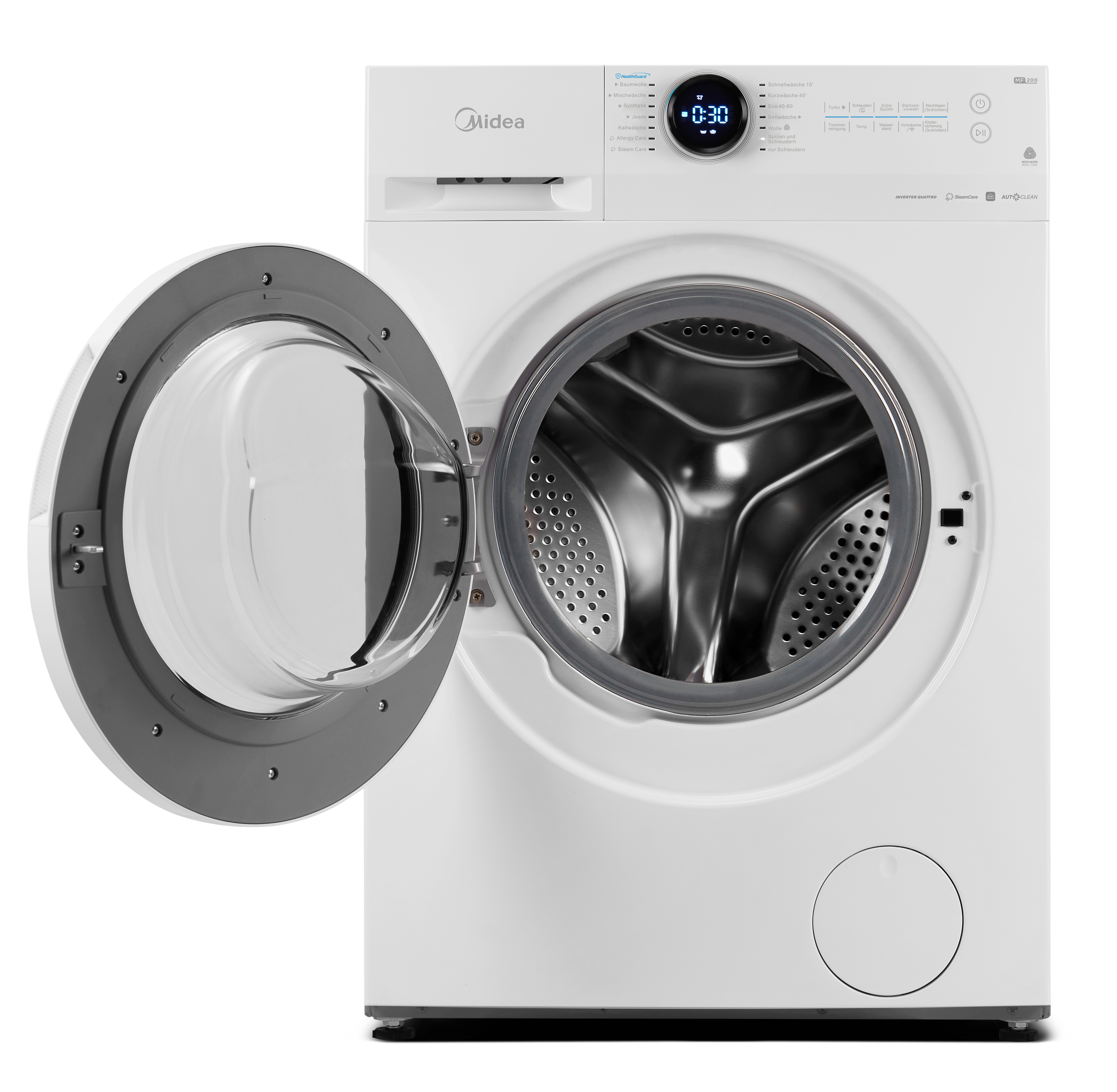 Eine weiße Midea Waschmaschine mit geöffneter Tür und Trommel.