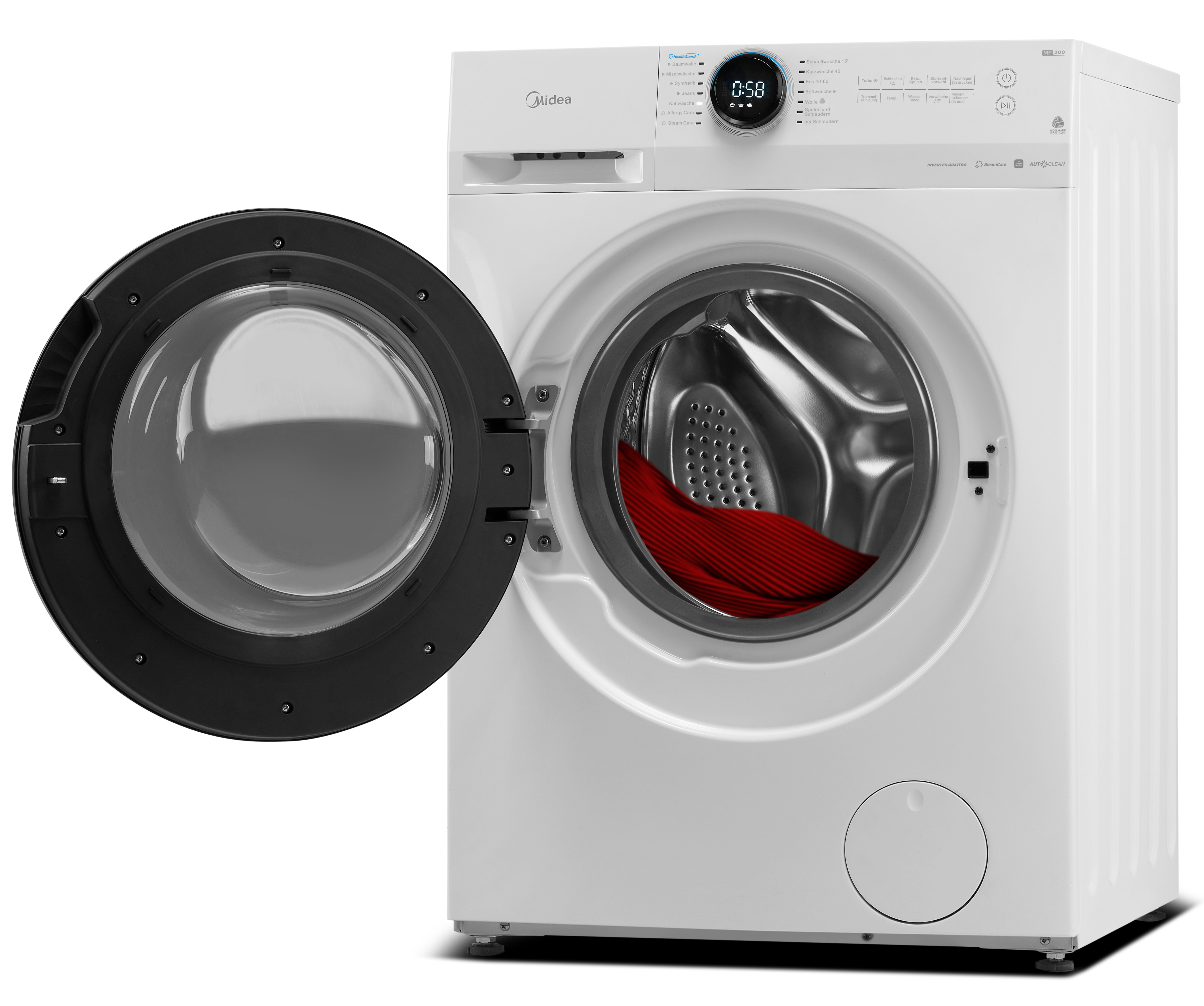 Weiße Midea Waschmaschine mit geöffneter Tür und rotem Stoff im Inneren.