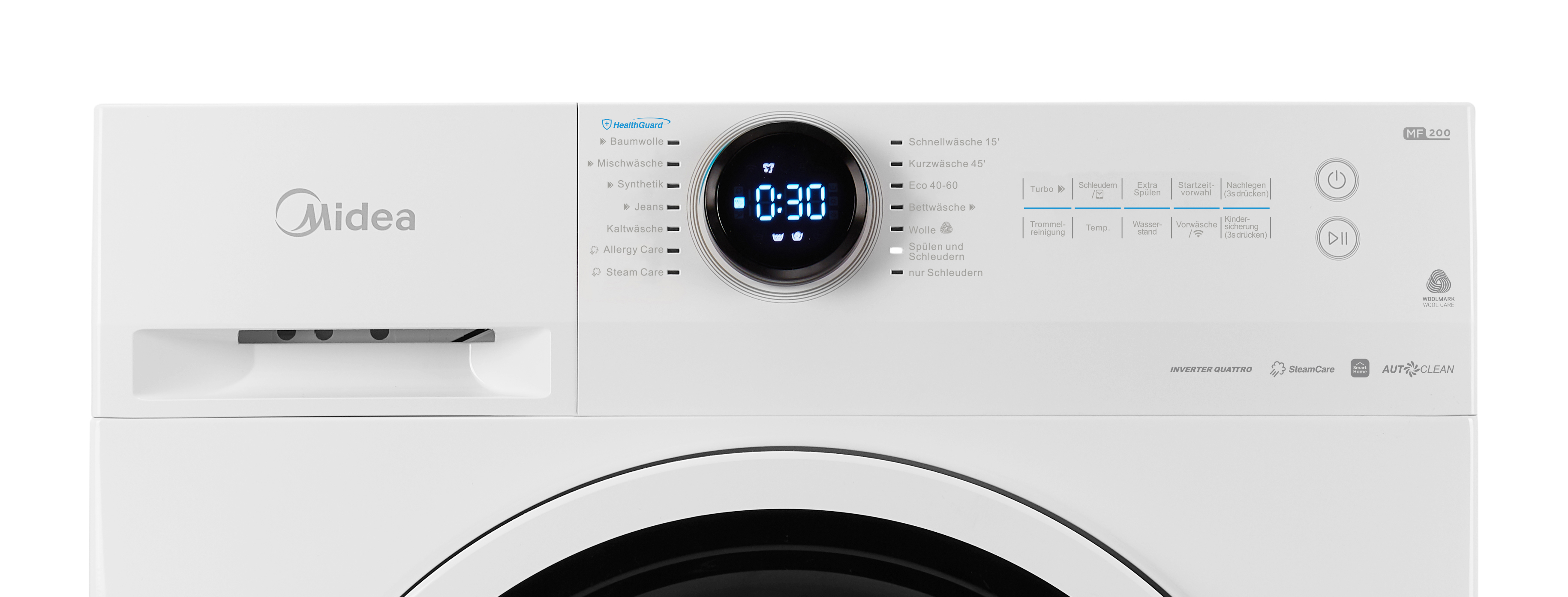 Eine weiße Midea Waschmaschine mit digitaler Anzeige und Bedienfeld.