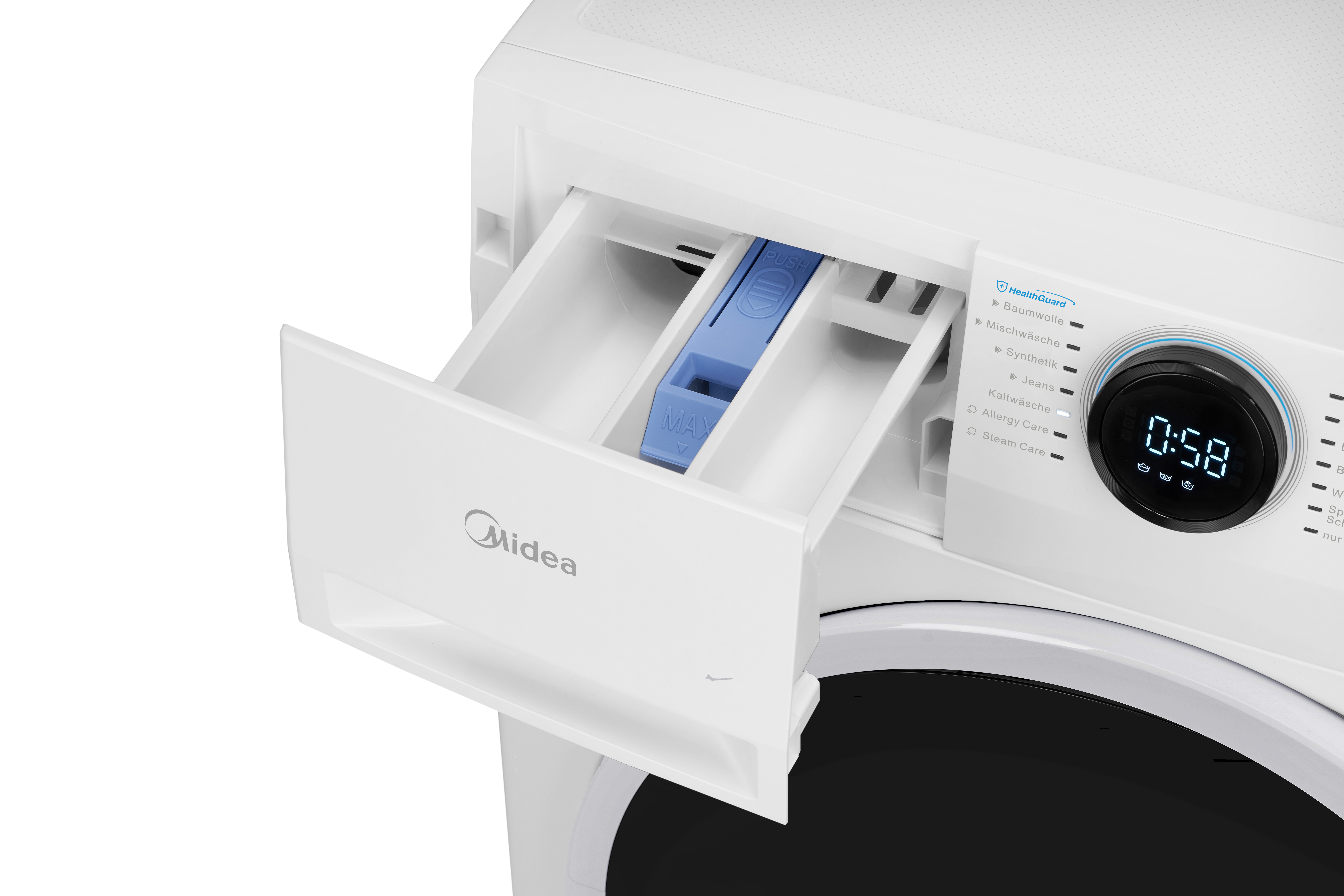 Detailansicht der Waschmittelschublade einer weißen Midea-Waschmaschine.