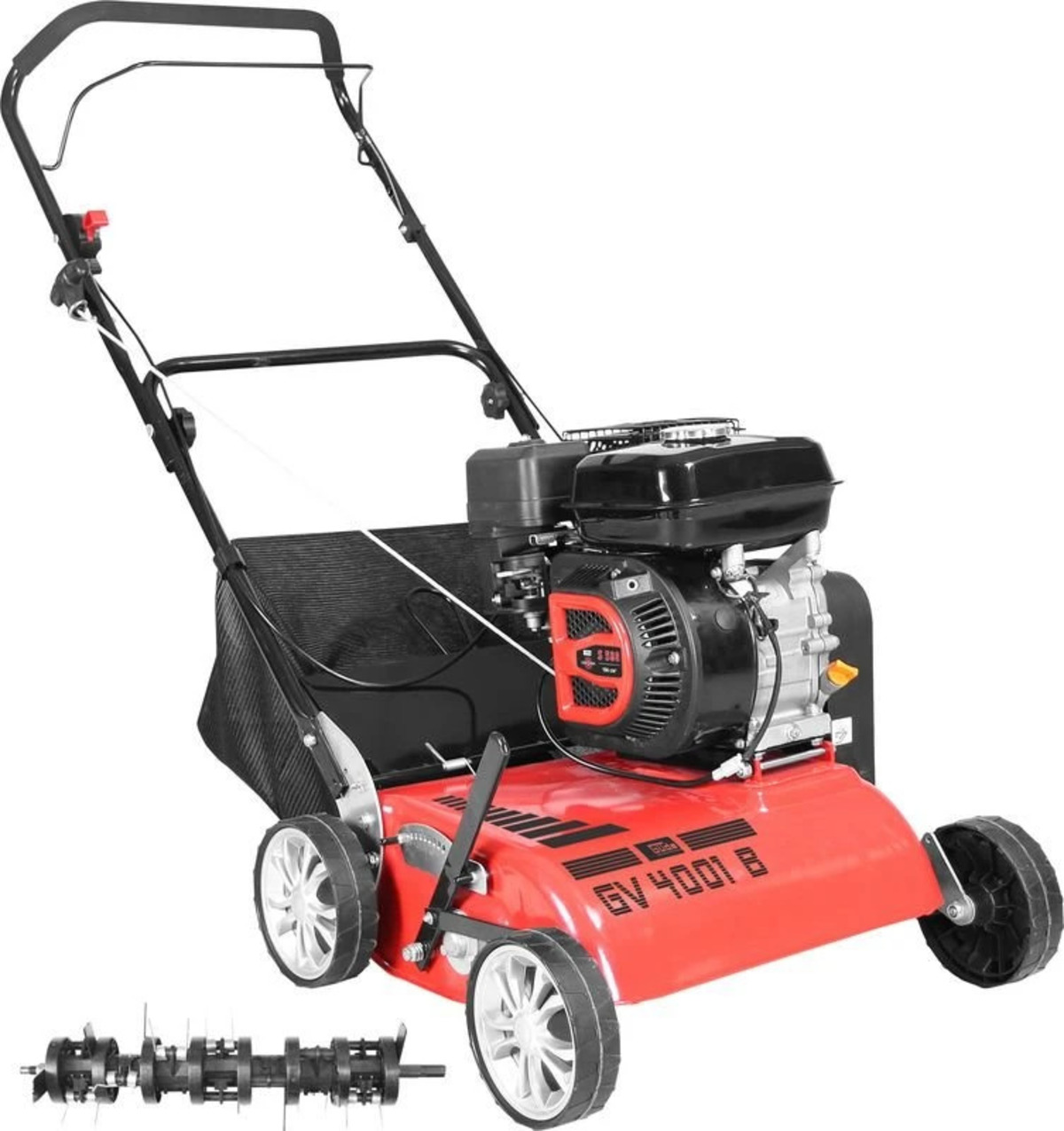 Ein roter Rasenlüfter mit schwarzem Motor und Griffen. Ein Ersatzmesser ist daneben.