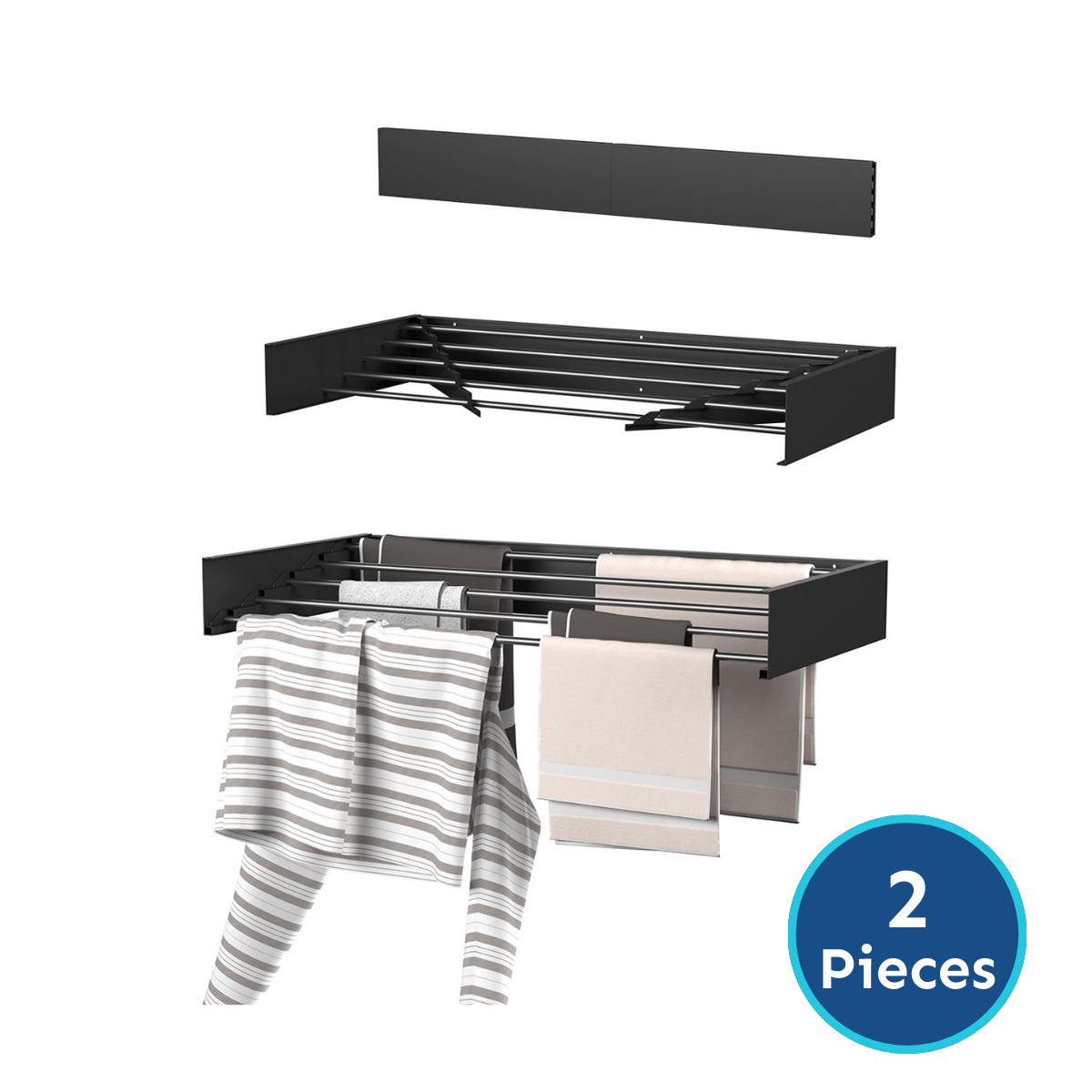 Black wall-mounted drying rack with a striped top and towels.
