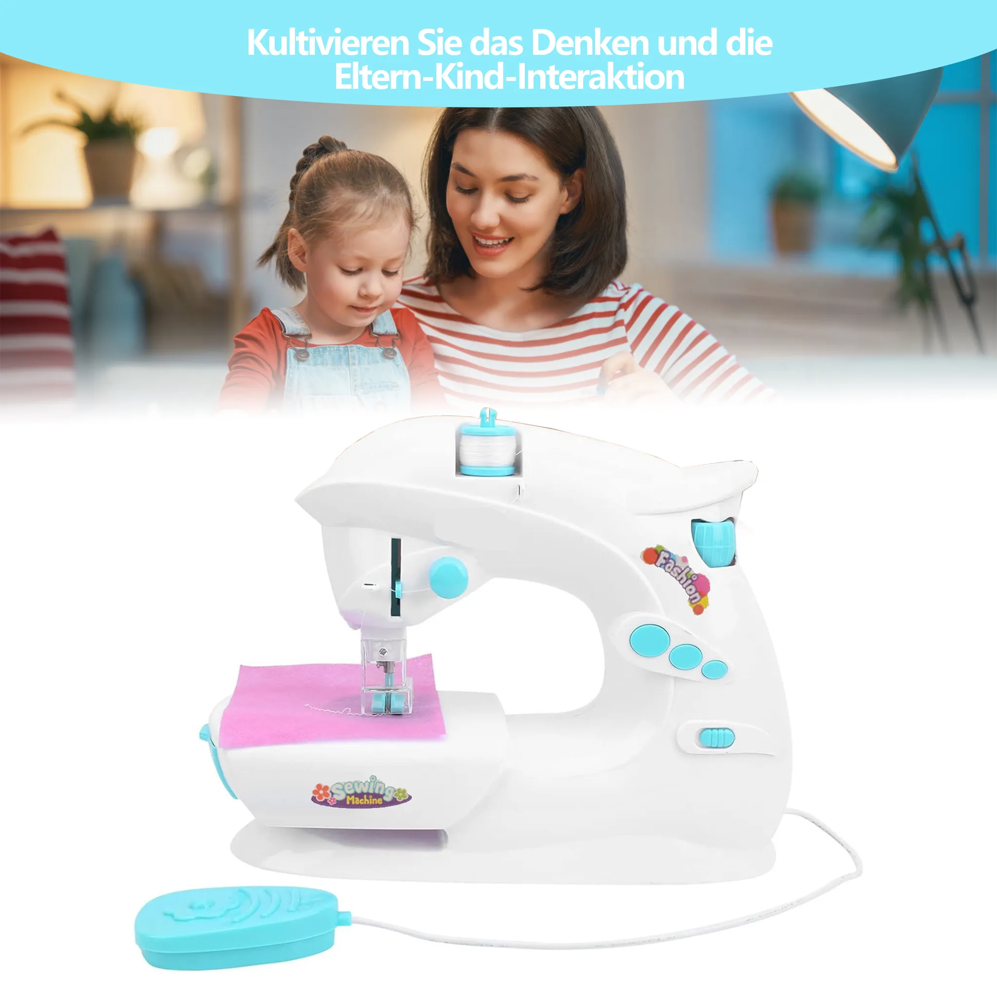 Weiße Nähmaschine mit türkisfarbenen Akzenten, ein Kind näht mit seiner Mutter.