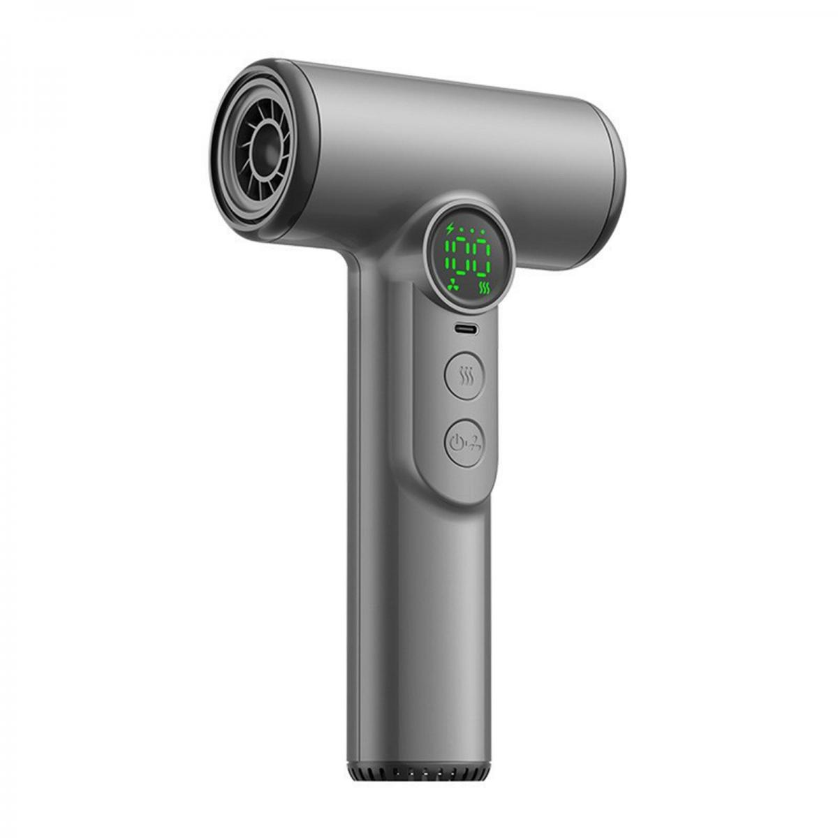 Grauer Massagepistolen-Griff mit digitalen Anzeigen und Bedienelementen.