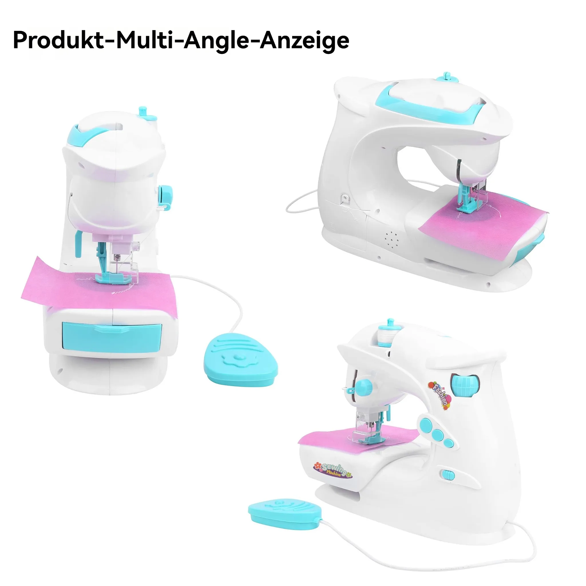 Weiße Nähmaschine mit blauen Akzenten näht rosa Stoff. Nahaufnahme.