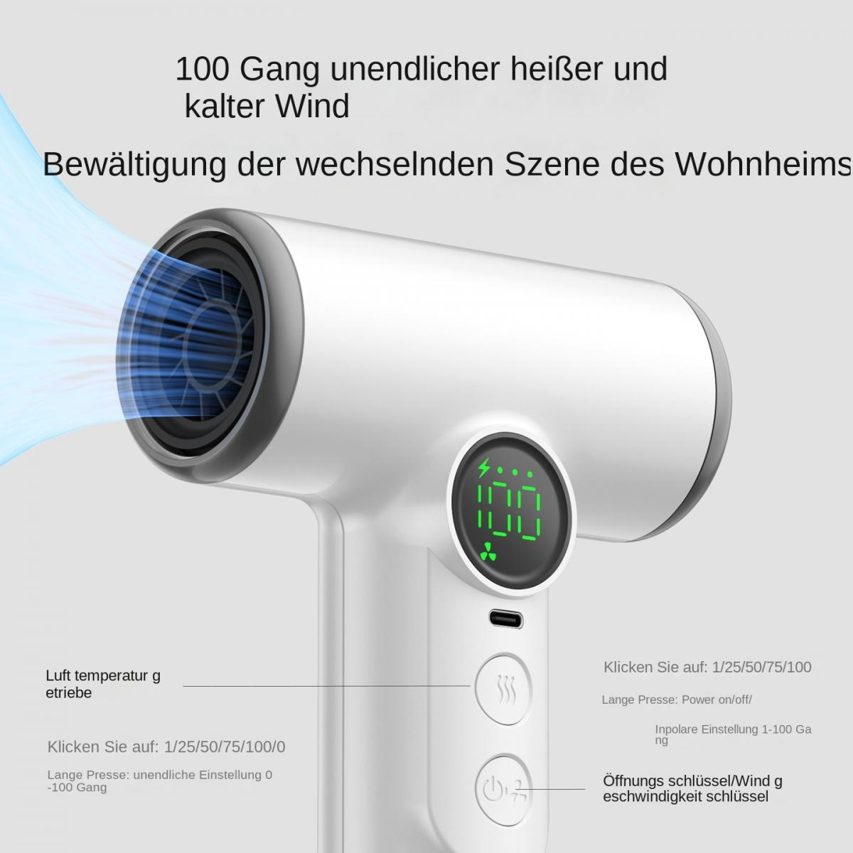 Ein weißer Haartrockner mit blauem Luftstrom und einem digitalen Display.