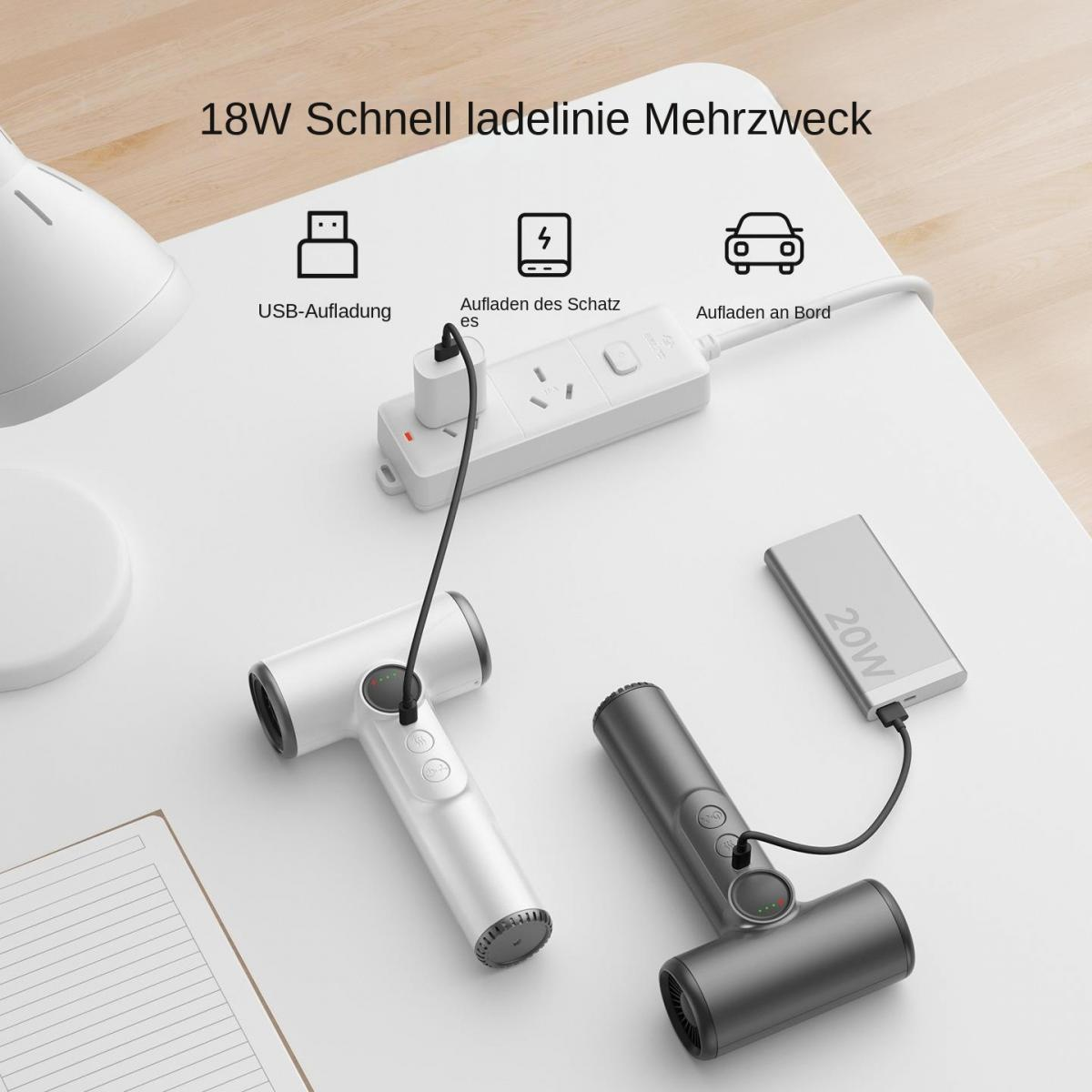 Zwei Handheld-Geräte laden über eine Steckdosenleiste und ein Netzteil auf einem Schreibtisch.