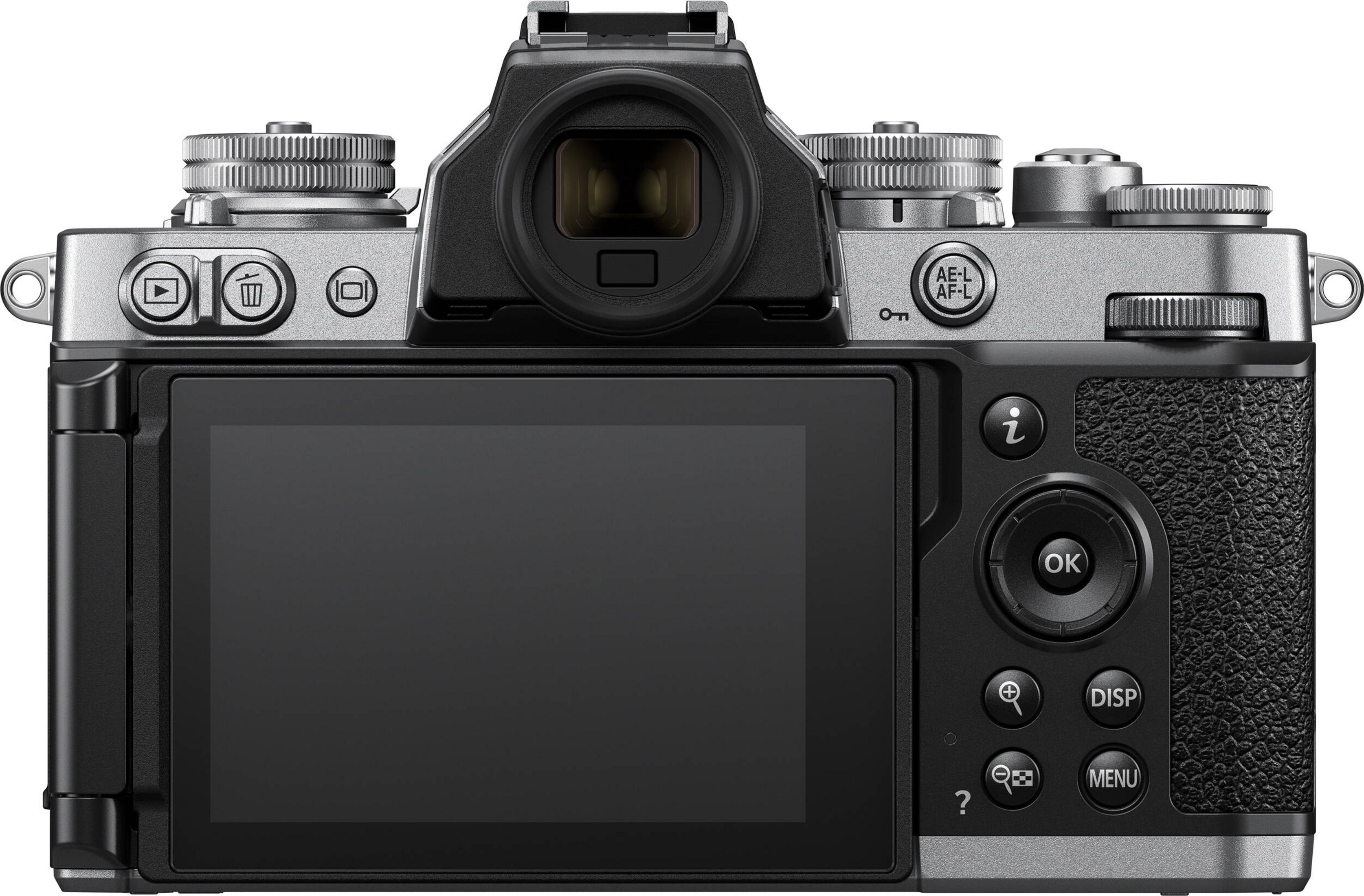 Achterkant van een zilveren digitale camera met LCD-scherm en knoppen.