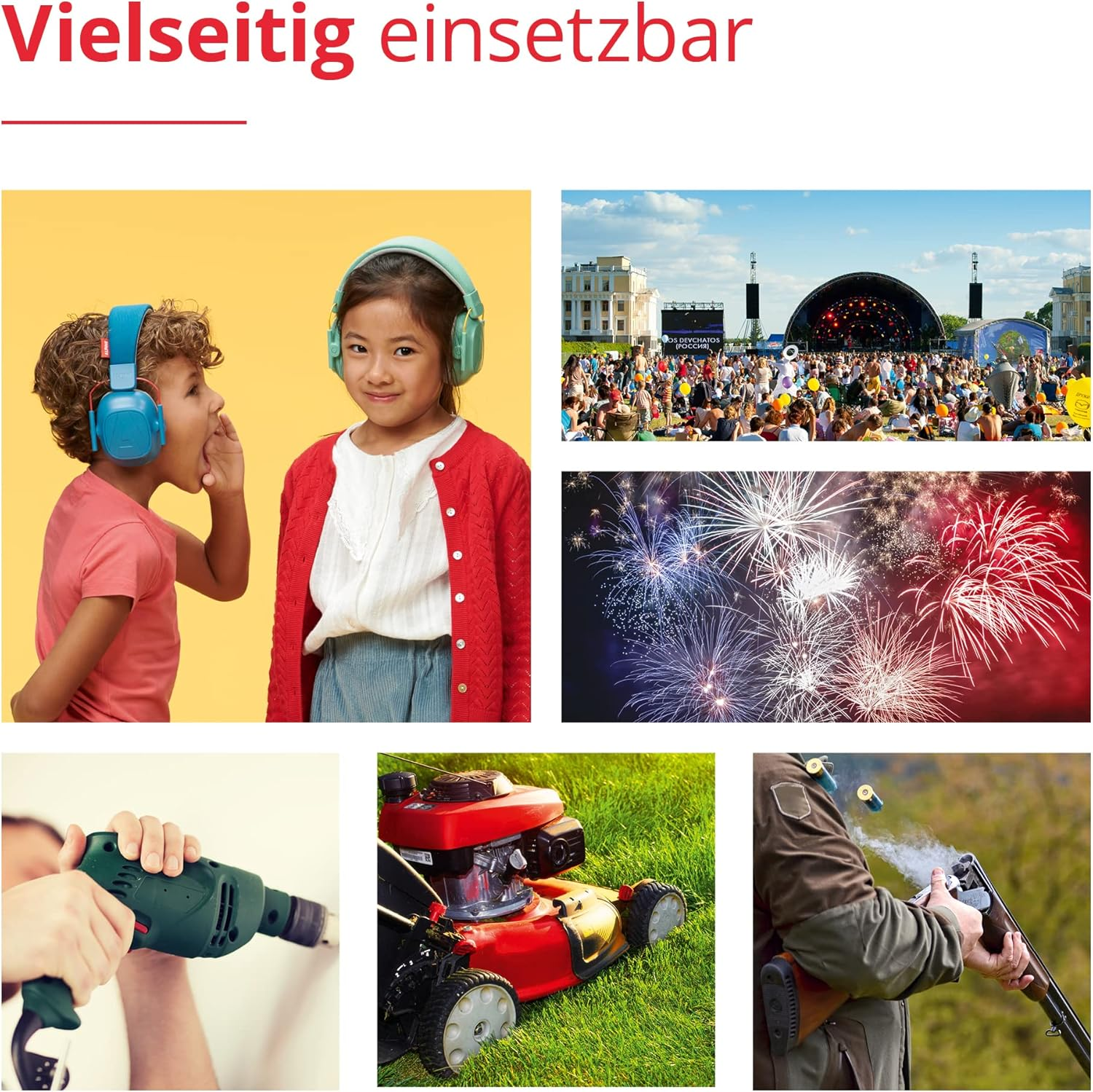 Dzieci w słuchawkach, fajerwerki, kosiarka, wiertarka i strzelec.