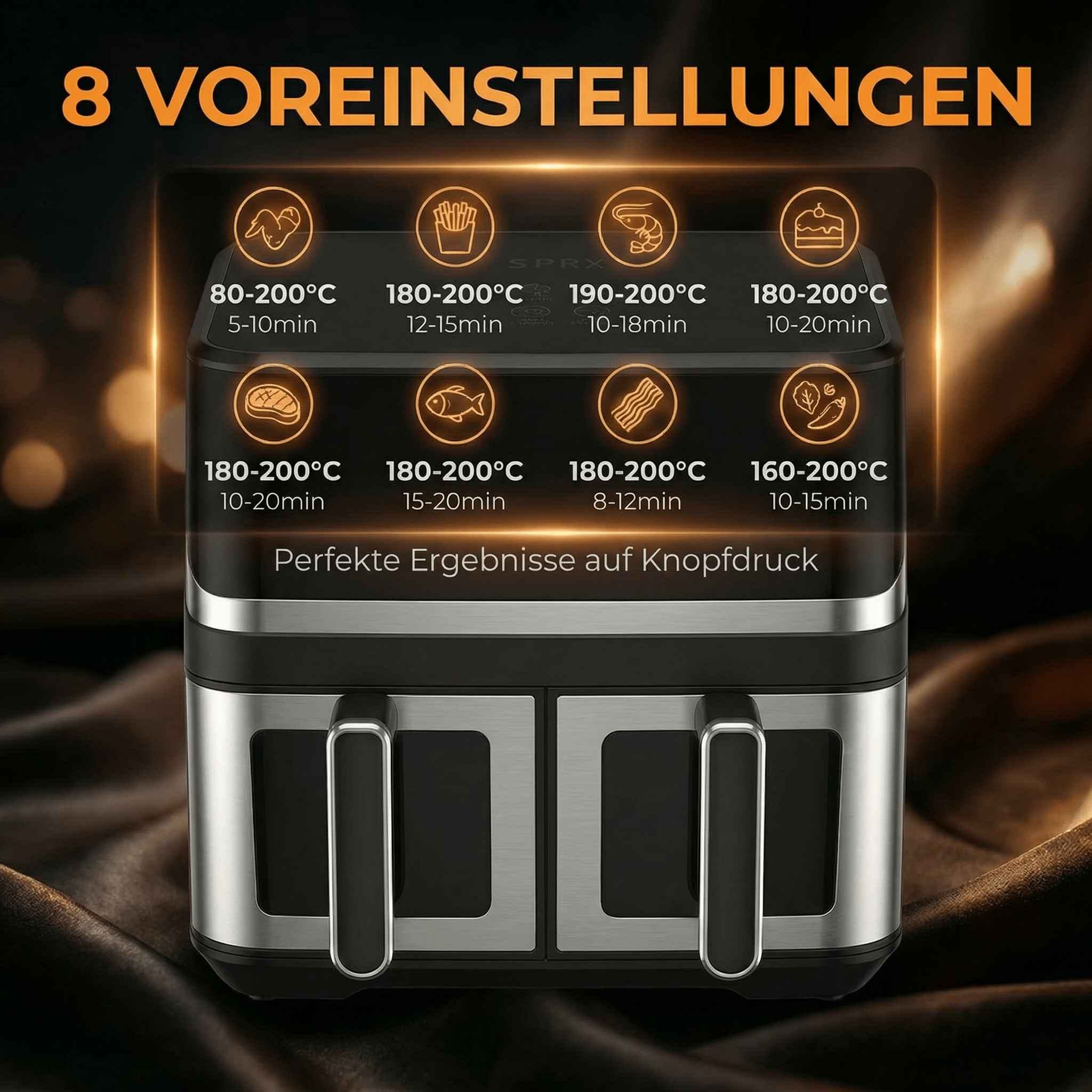 Doppel-Heißluftfritteuse mit 8 Voreinstellungen und Temperatur/Zeit-Angaben.