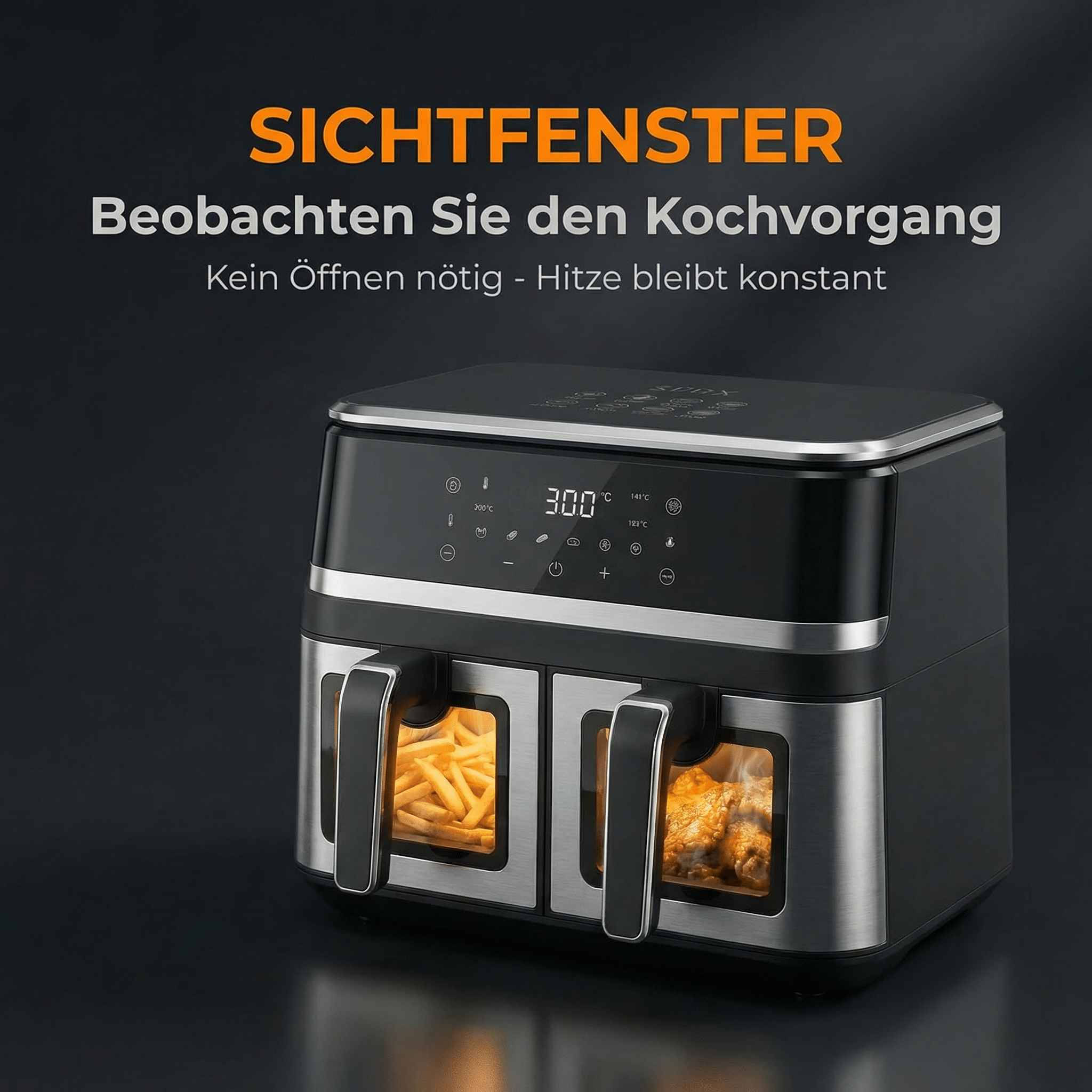 Doppelte Heißluftfritteuse mit Sichtfenstern, gefüllt mit Pommes und Hähnchen.