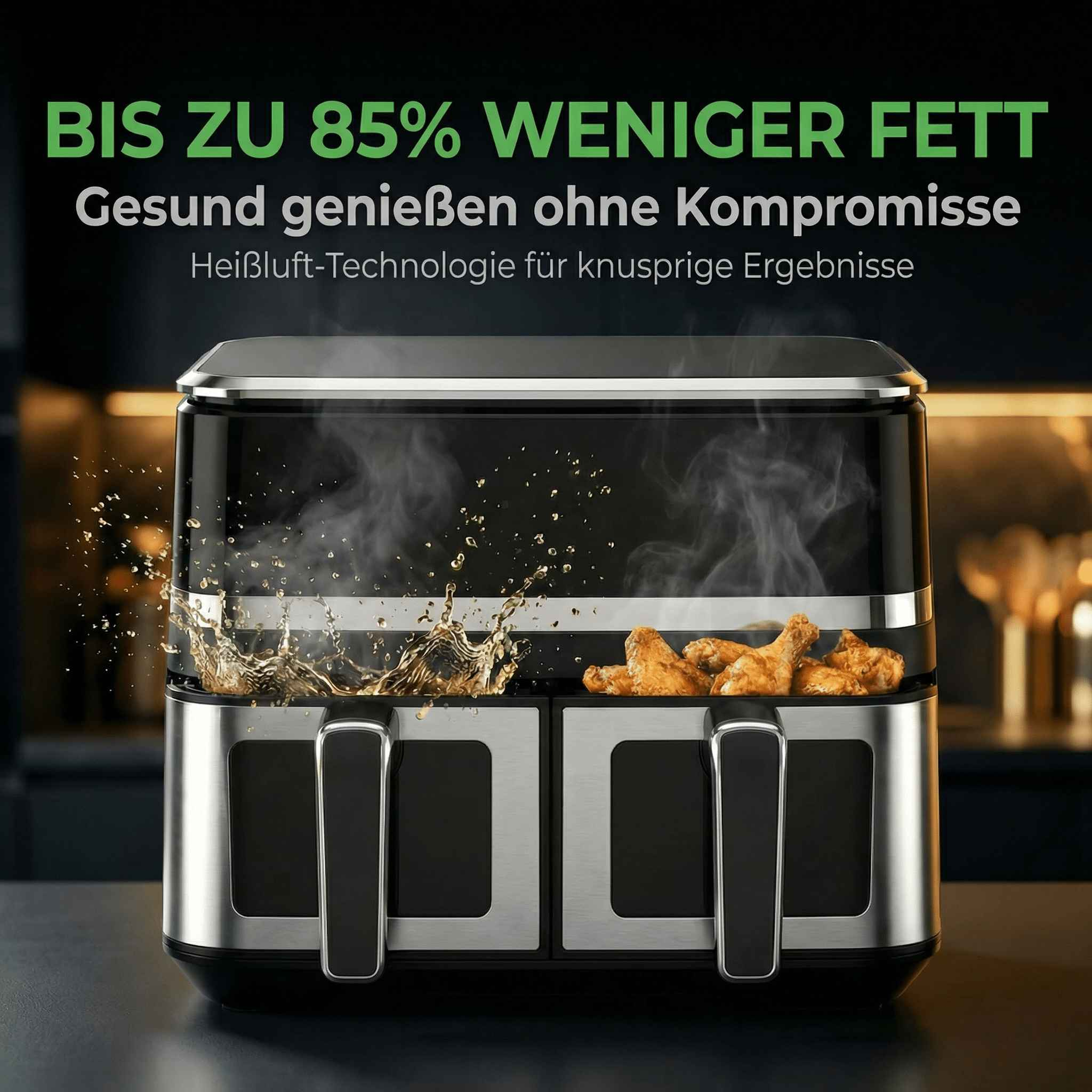 Ein silberner Heißluftfritteuse mit zwei Schubladen, die Hähnchenflügel zubereitet.