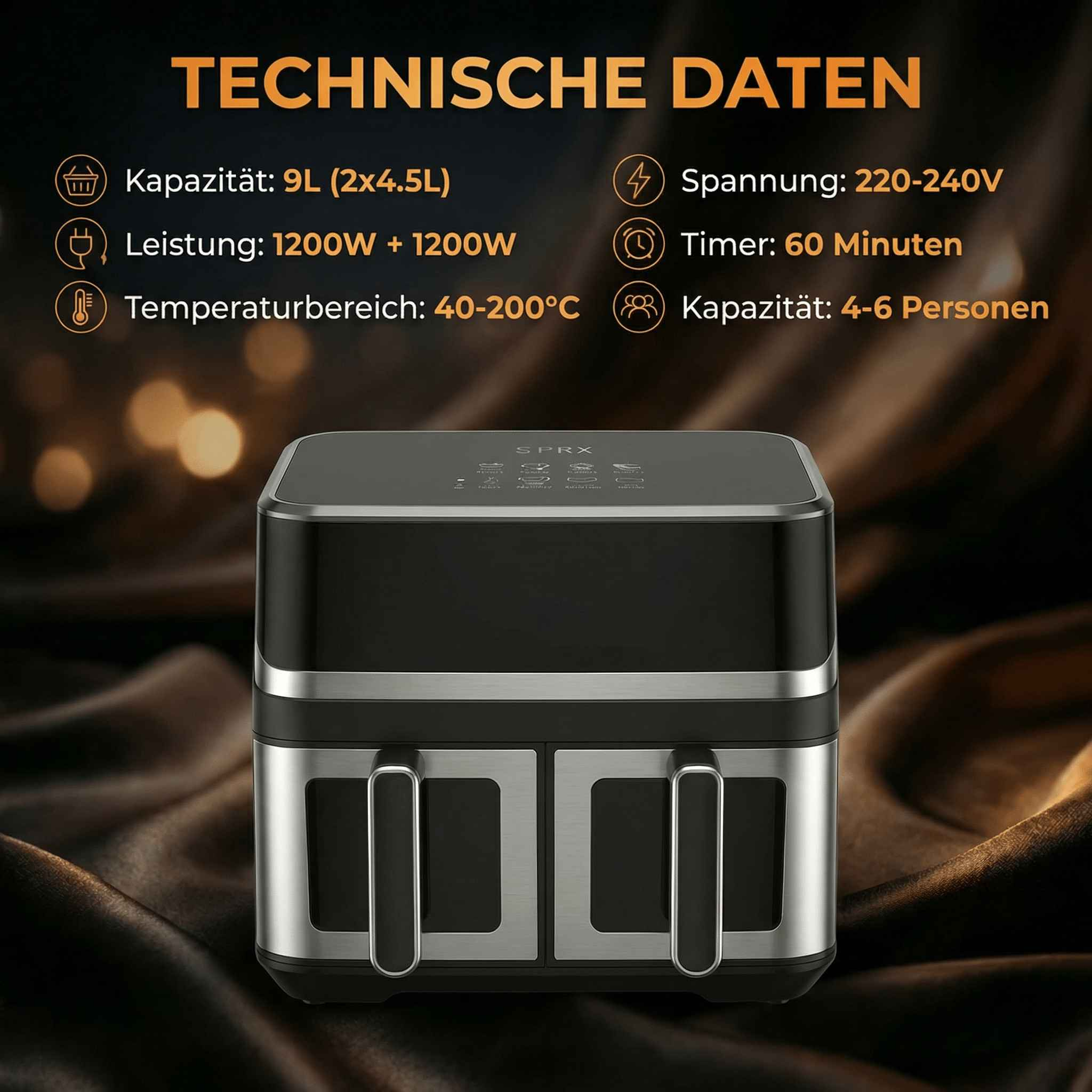 Schwarze Doppel-Heißluftfritteuse mit silbernen Akzenten und technischen Daten.