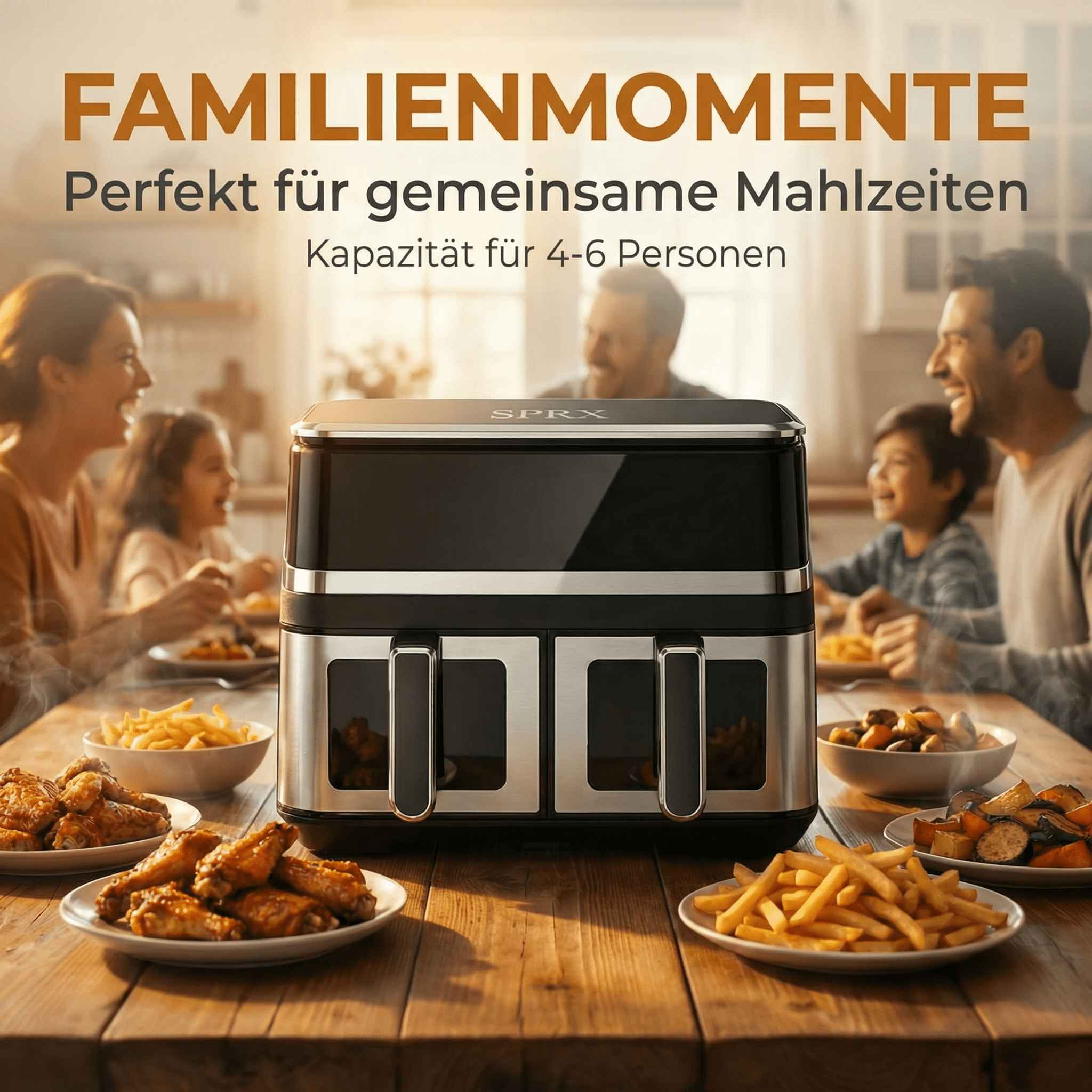 Familie isst um Tisch. Airfryer mit Essen im Vordergrund.