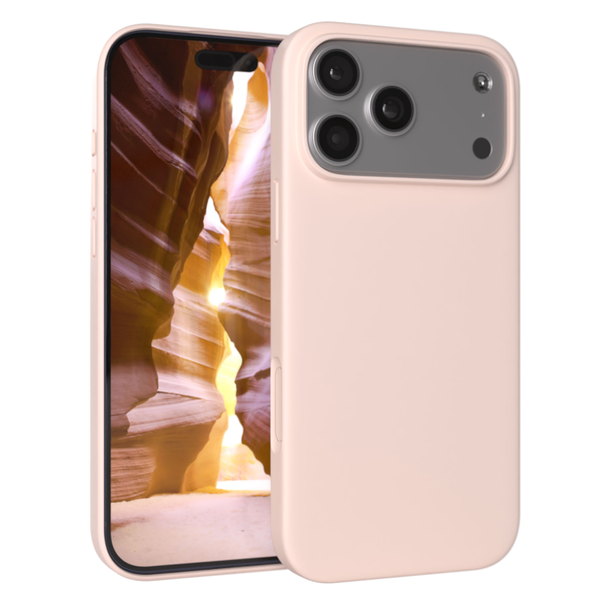 Ein hellrosa Handy mit drei Kameras und einem Landschafthintergrund.