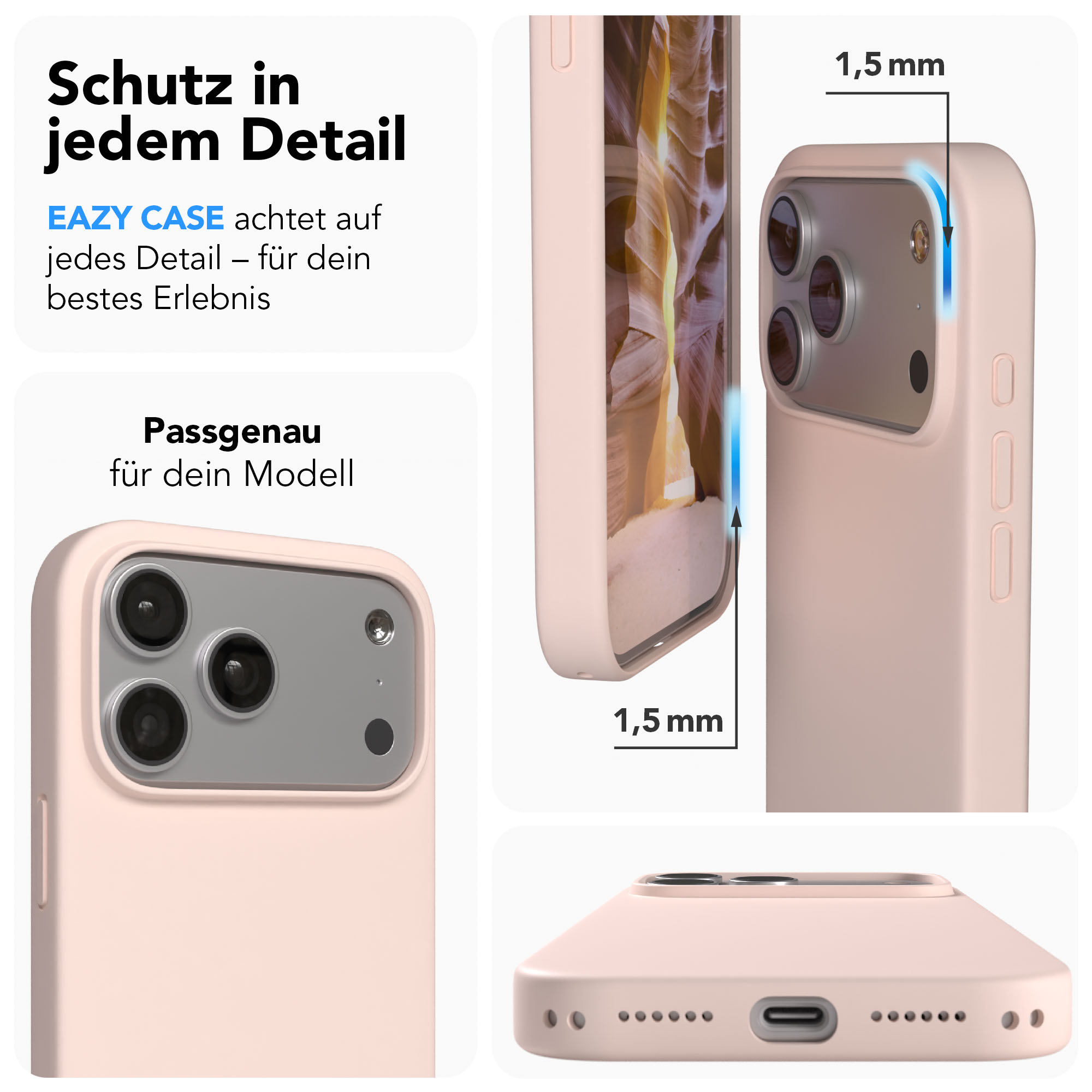Ein hellrosa iPhone-Hülle mit präzisen Aussparungen zeigt die Rückseite und Seitenansicht.