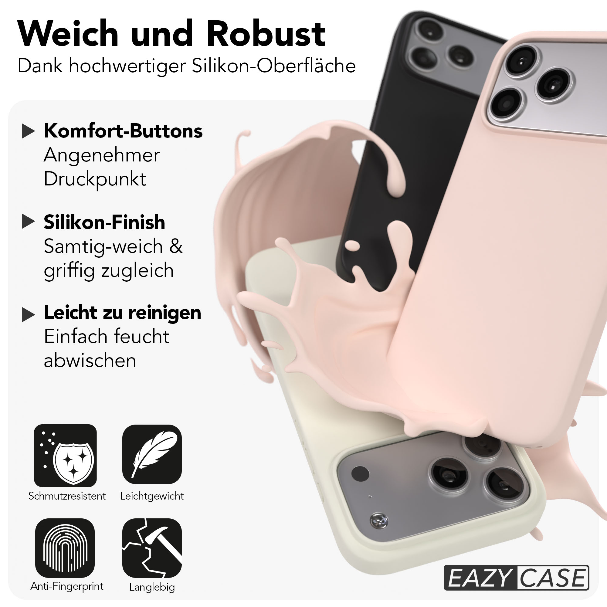 Weiche und robuste Silikonhüllen in Rosa und Schwarz, mit flüssigem Splash-Effekt.