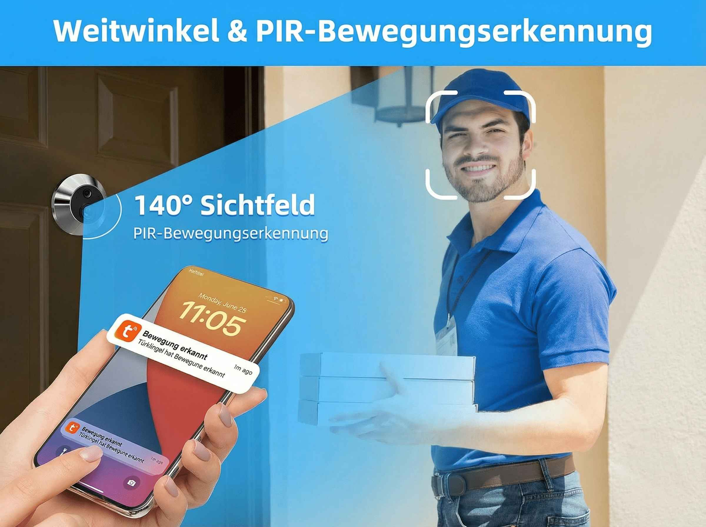 Ein Mann mit blauer Kappe und Polohemd wird von einer Türklingelkamera erfasst.