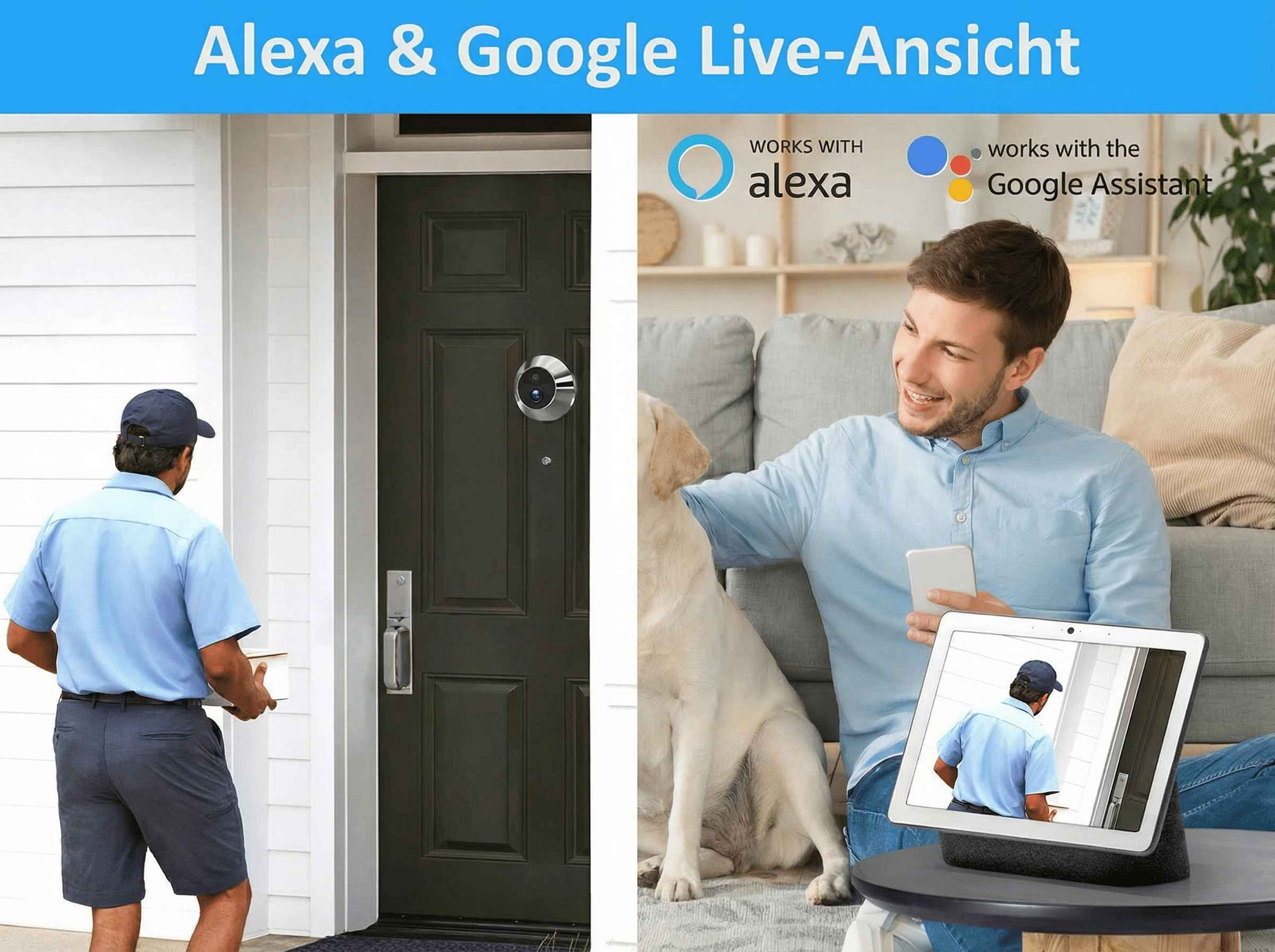 Mann mit Hund und Tablet, das einen Lieferboten an der Tür zeigt.