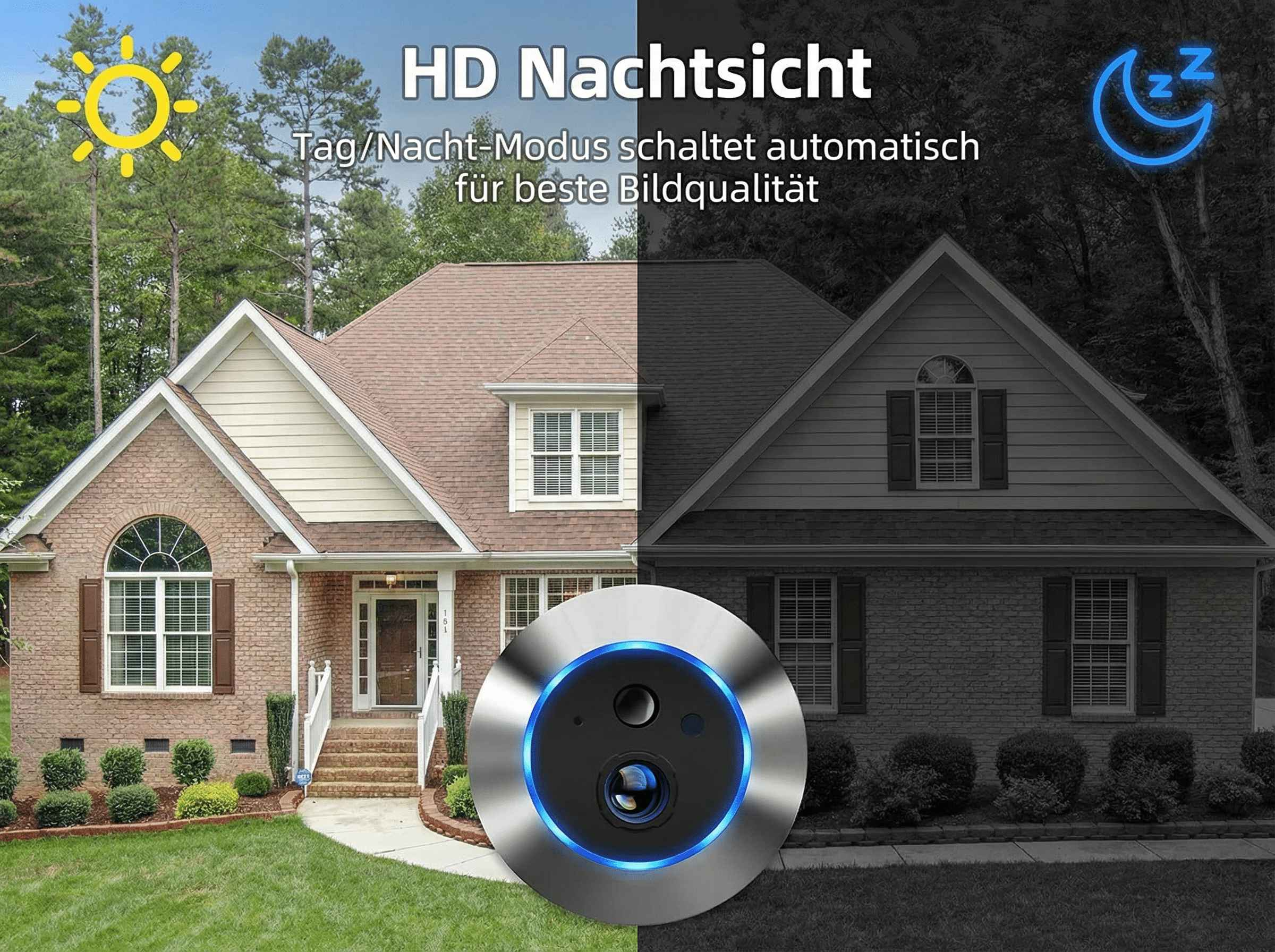 Türklingel mit Kamera zeigt Haus bei Tag und Nacht.