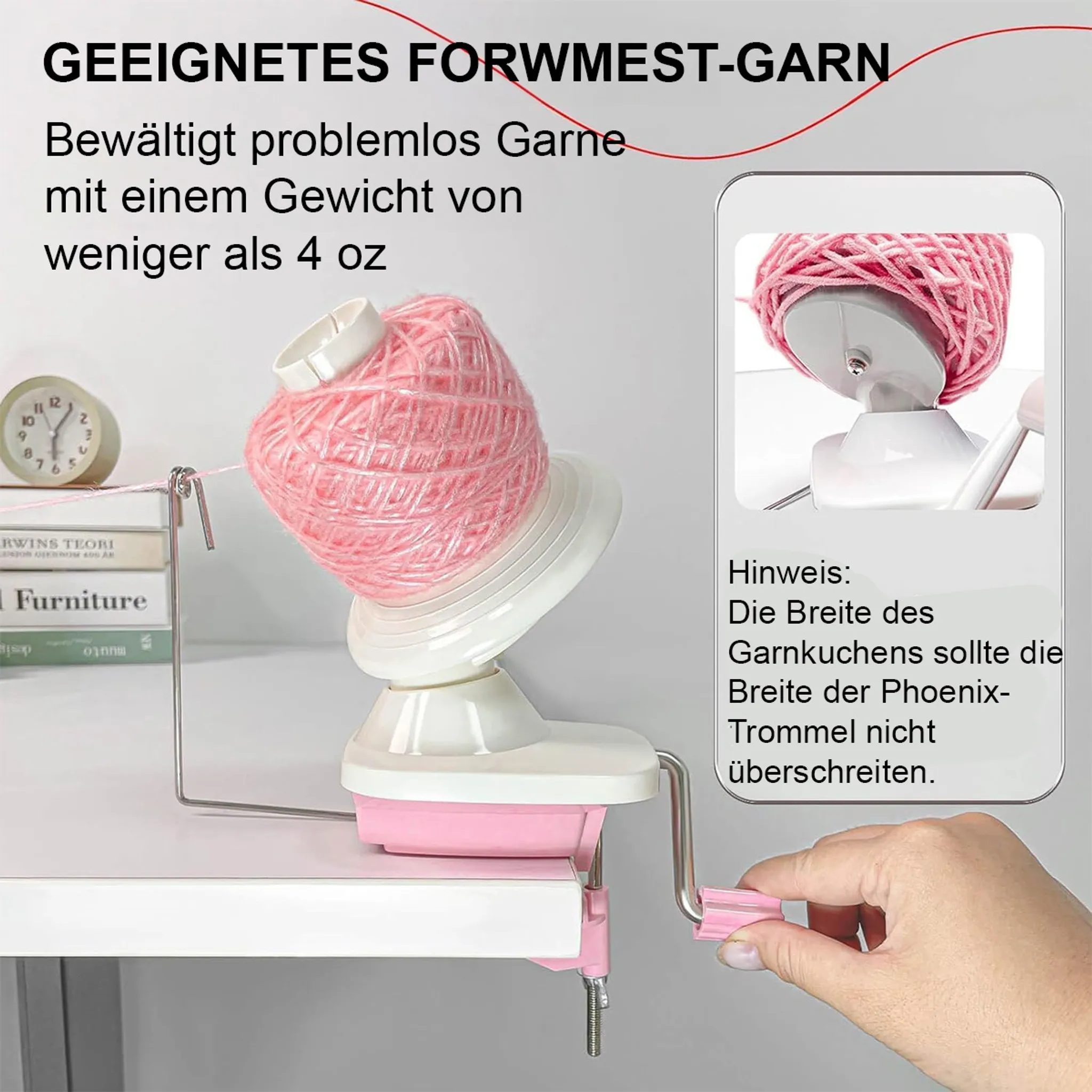 Ein Garnwickler mit pinkem Garn, links ein Wecker und Bücher.