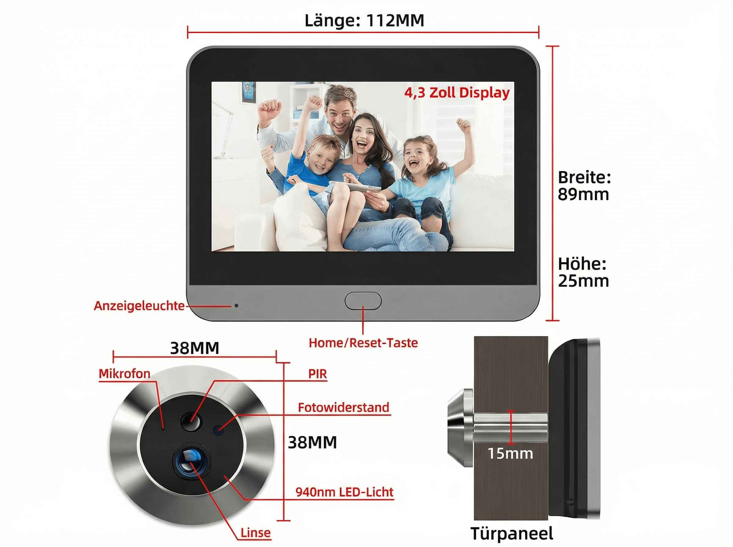 Ein 4,3-Zoll-Display zeigt eine Familie. Maße und Komponenten sind beschriftet.