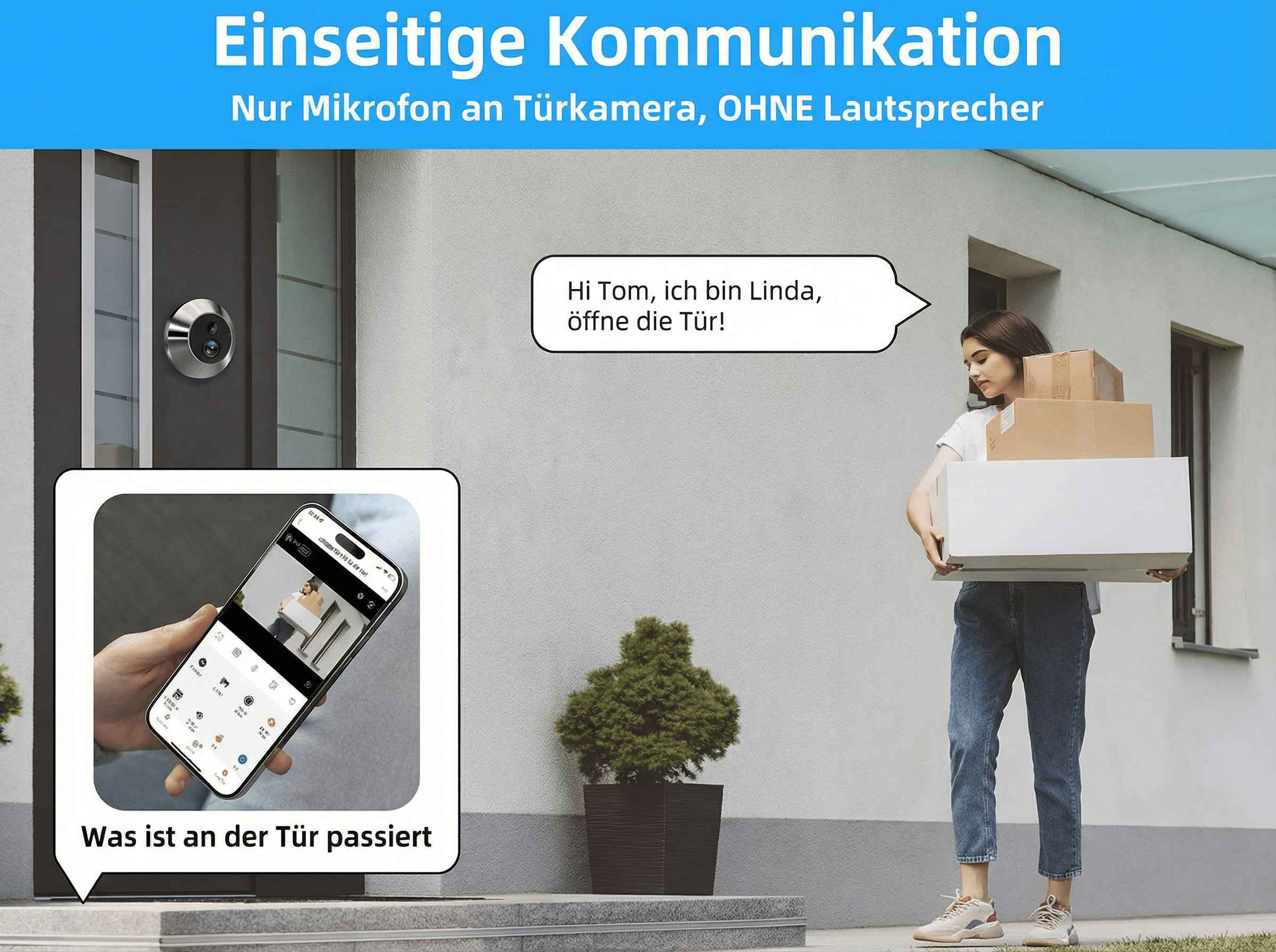 Eine Frau mit Paketen spricht zu einer Türkamera, die auf einem Handy angezeigt wird.
