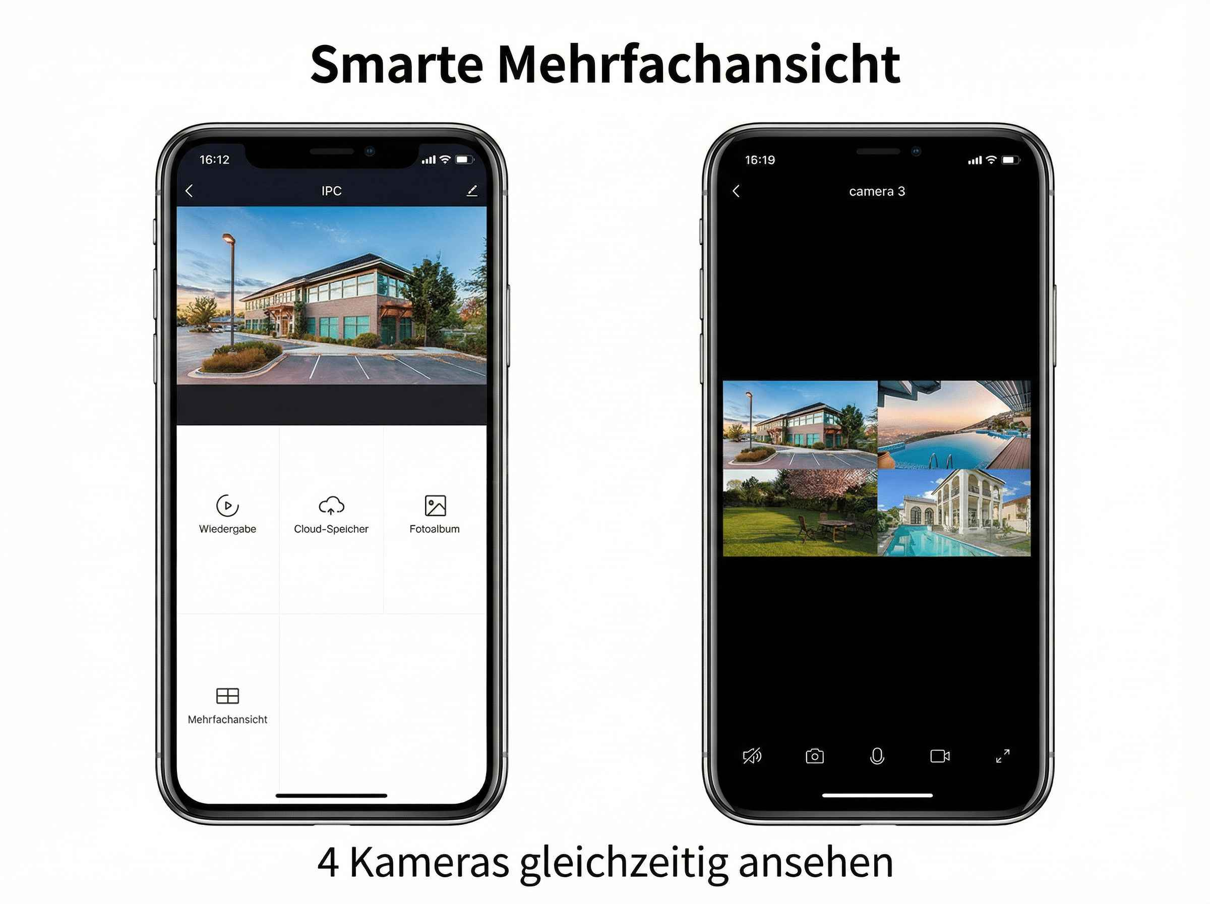 Zwei Smartphones zeigen eine App mit Überwachungskamera-Ansichten.