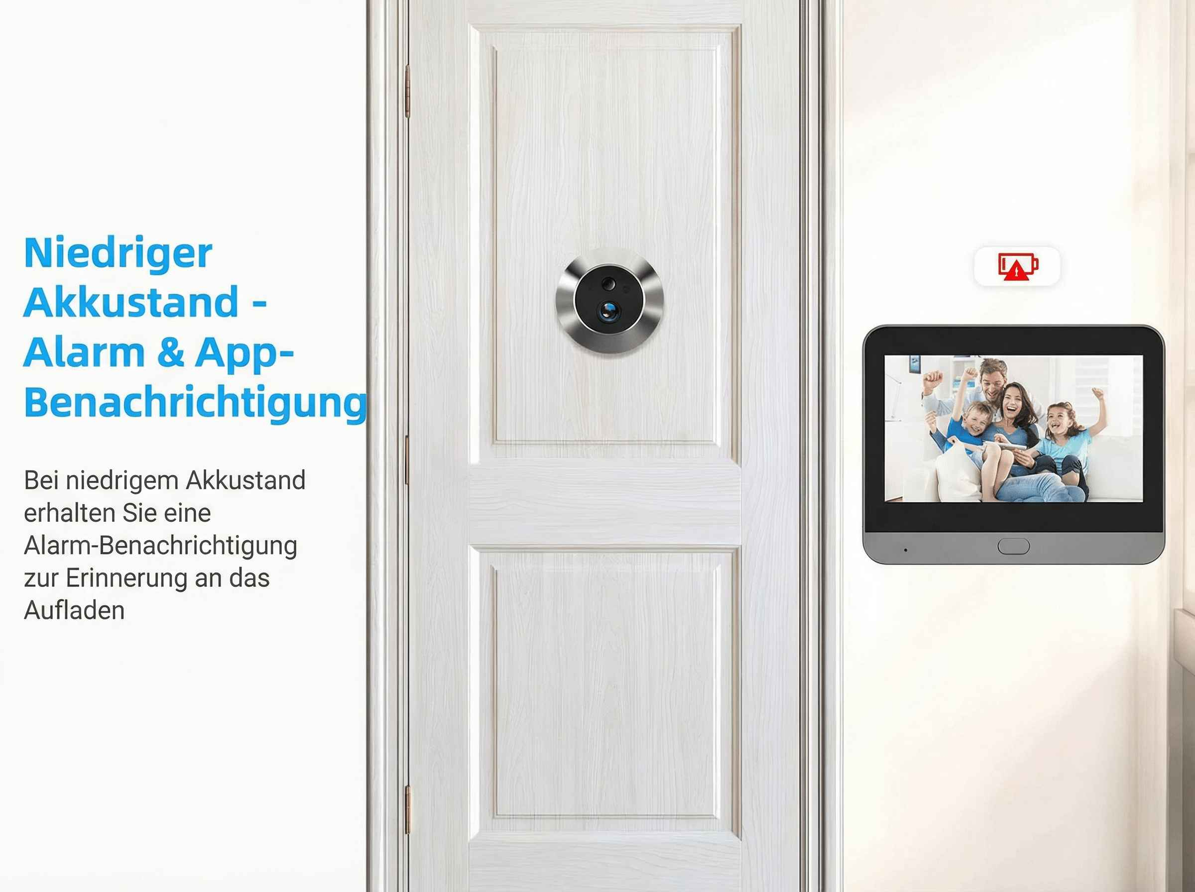 Türkis-weiße Tür mit Spionkamera, Tablet und rotem Akkusymbol.